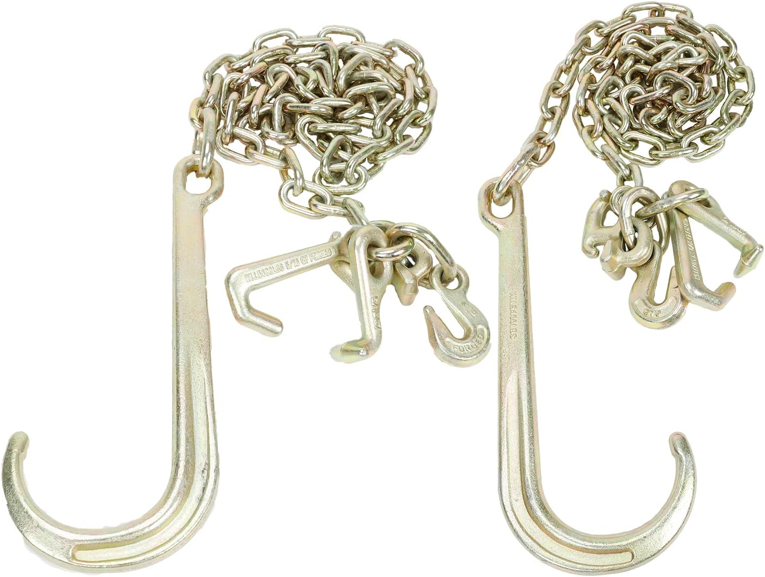2 Pack 5/16 Inch x 6 ft Grade 70 Tow Chains with 15 Inch Long Shank J Hook and R T J Cluster & Grab Hooks, 4700 lbs Working Load Limit