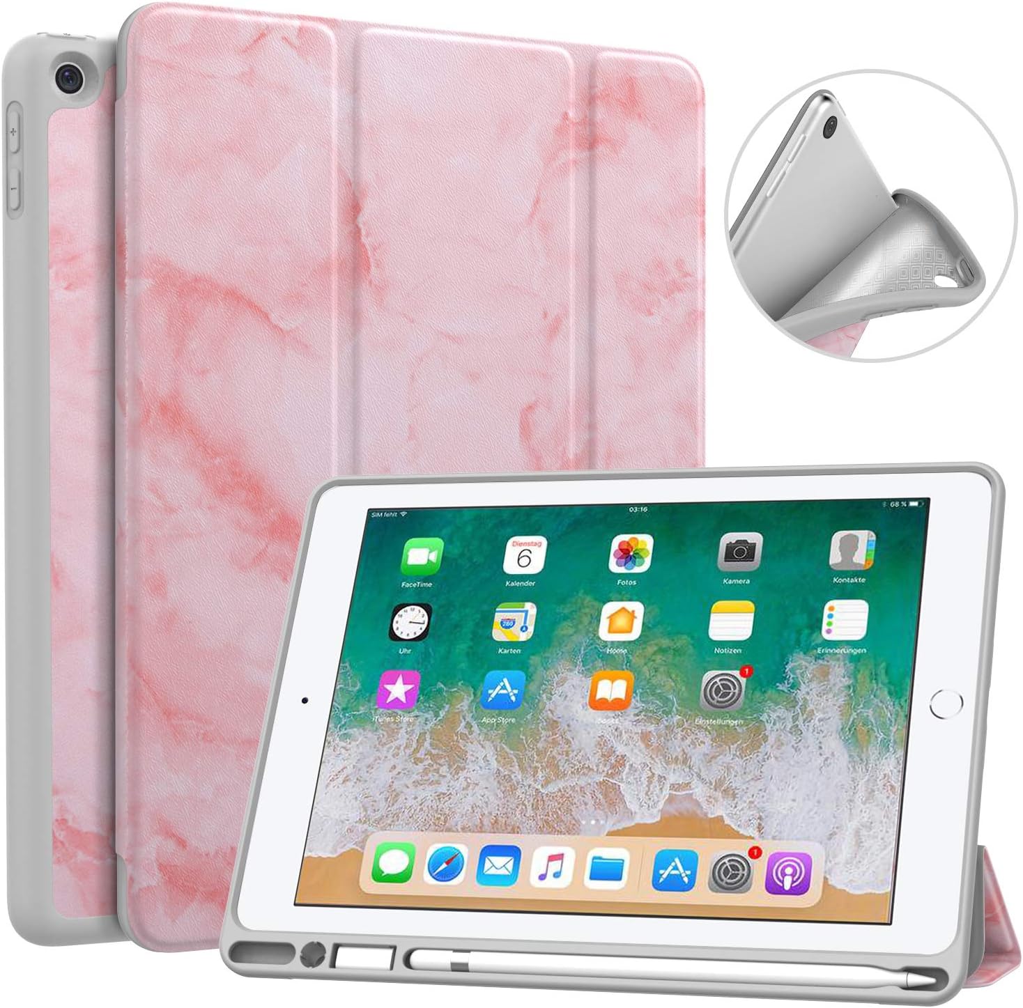 MoKo Case Fit 2018 iPad 9.7 6th Generation with Pencil Holder - Slim Lightweight Smart Shell Stand Cover Case with Auto Wake/Sleep Fit iPad 9.7" 2018 Released (A1893/A1954) - Pink Marble
