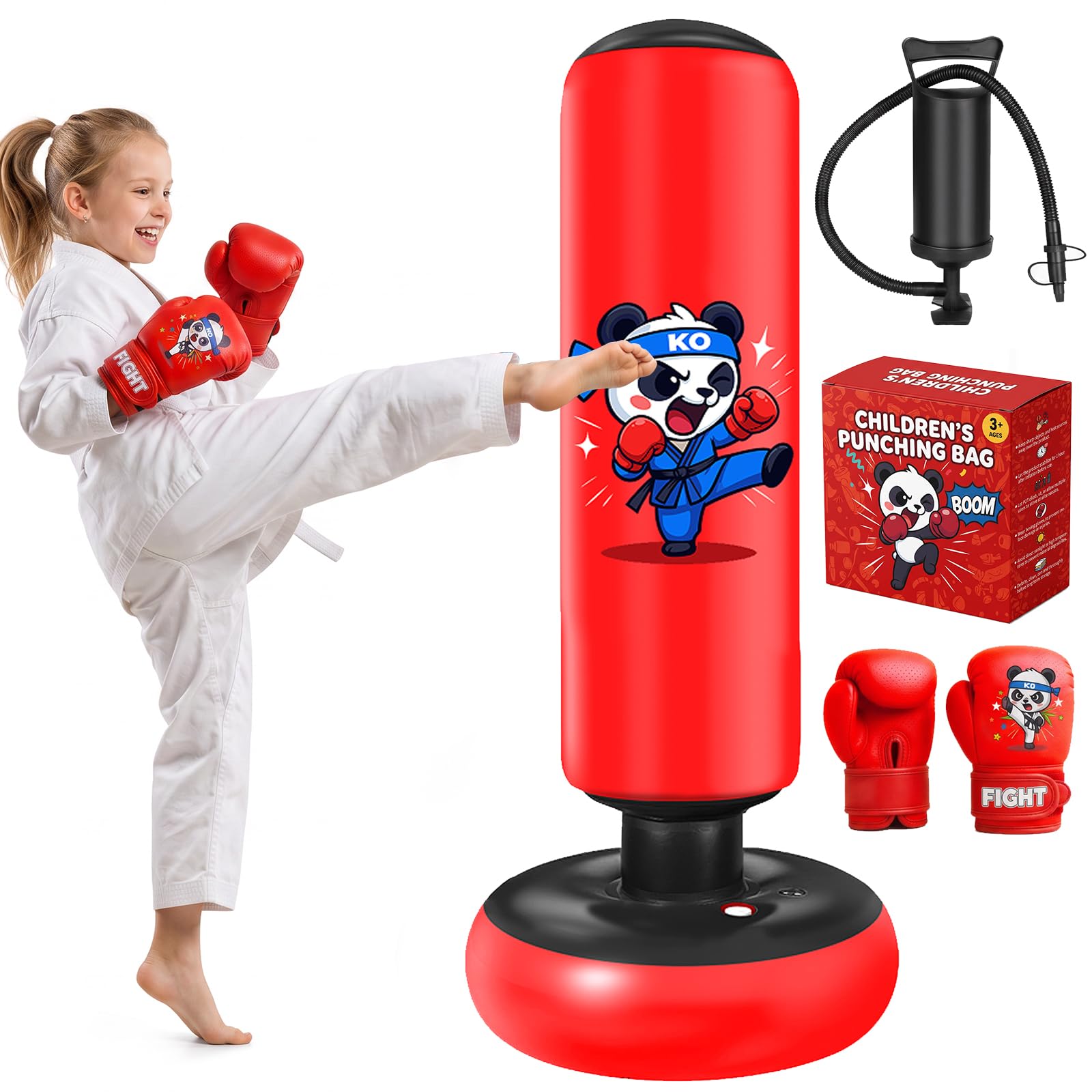 Ninonly Sacco da Boxe 130cm con Guanti e Pompa per Bambini 3-8 Anni | Sacco da Boxe da Terra Gonfiabile, Punchball per Karate MMA Taekwondo, Gioco Fitness per Allenamento a Casa, Design Panda