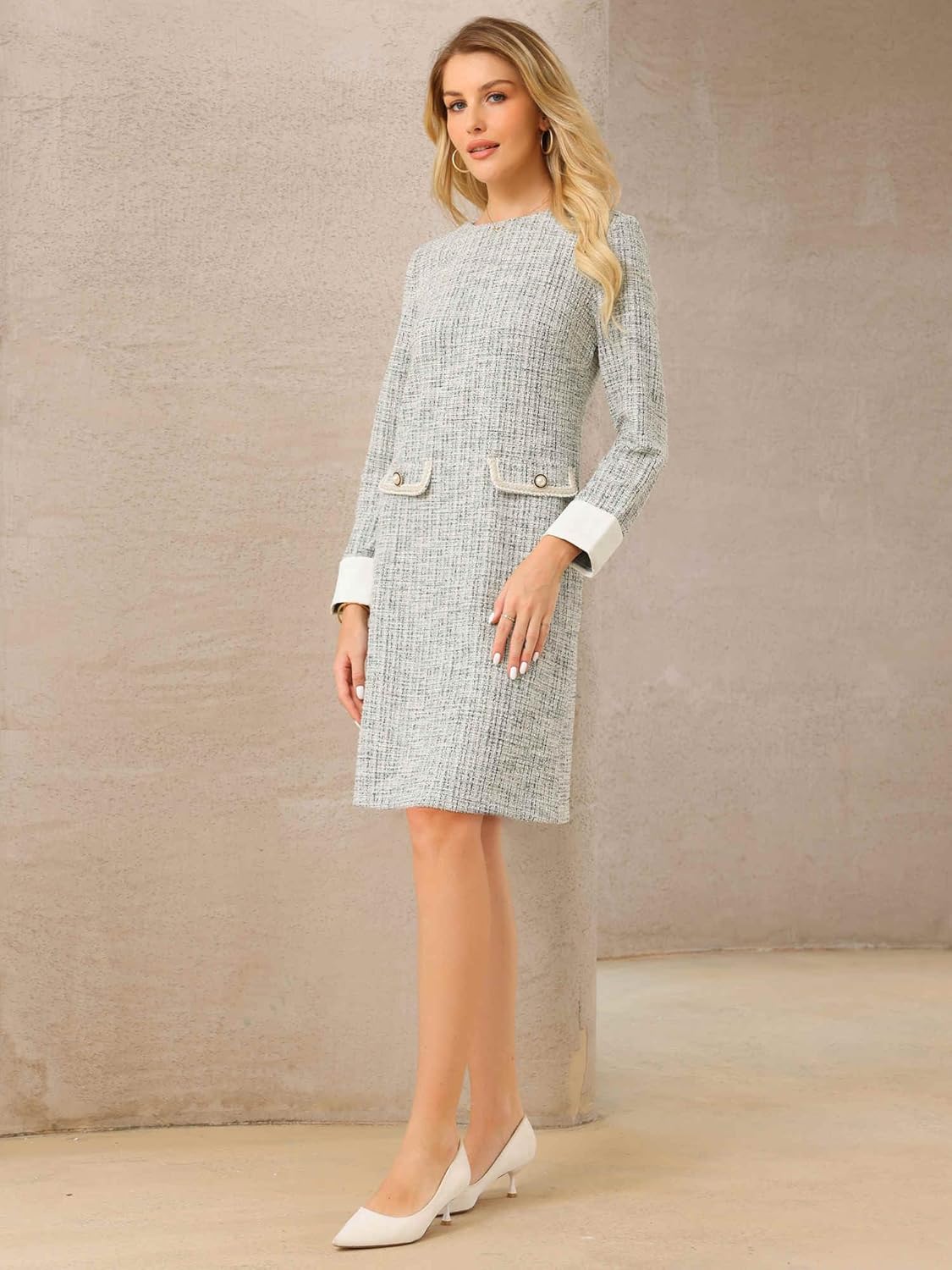 Women's Tweed Dress Formal Work Long Sleeve Sheath Dresses - Image 3
