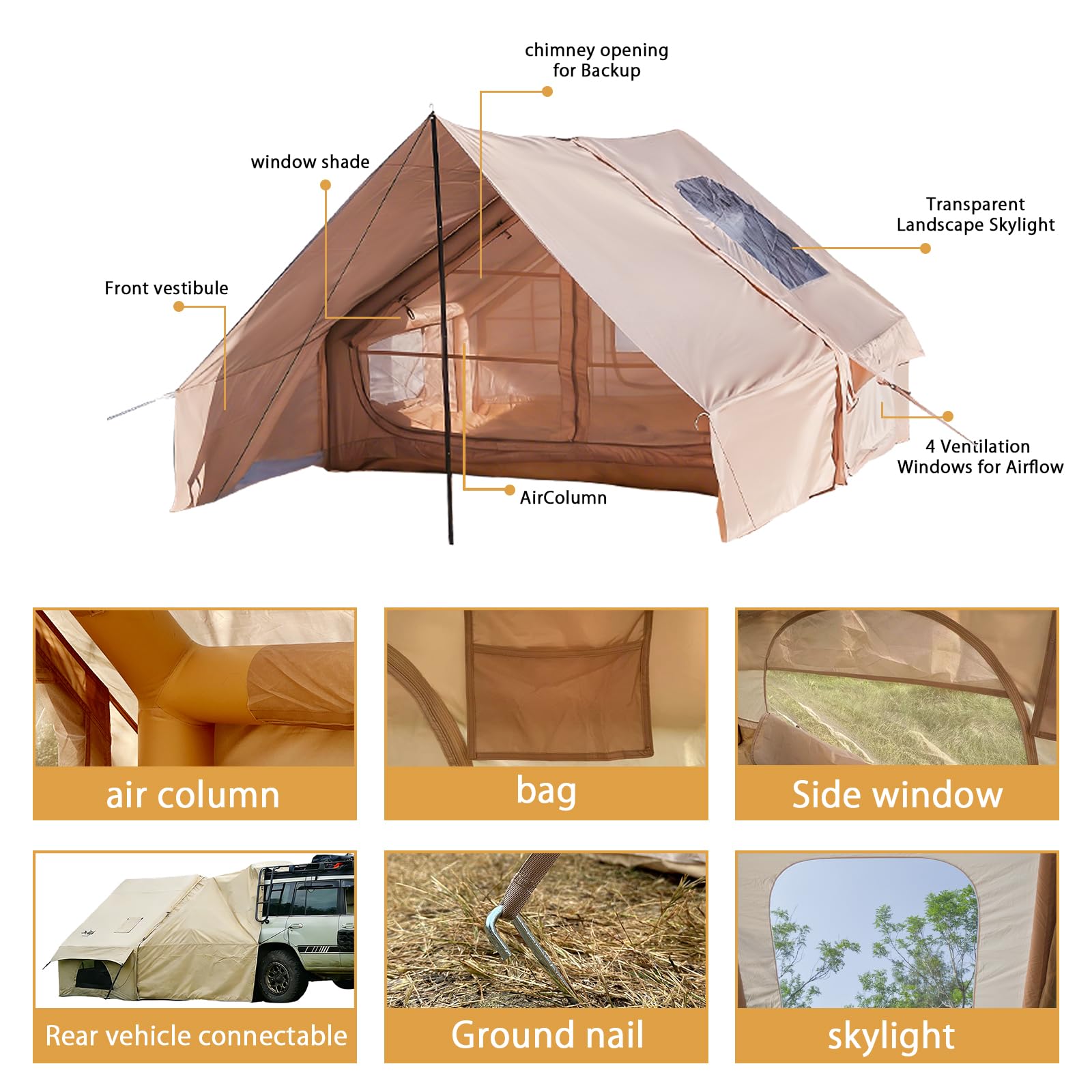 Aufblasbares Zelt, 5 Min Schnellaufbau, mit Handpumpe, Wasserdicht Luftzelt für 4-6 Personen, Outdoor Camping Familienzelt