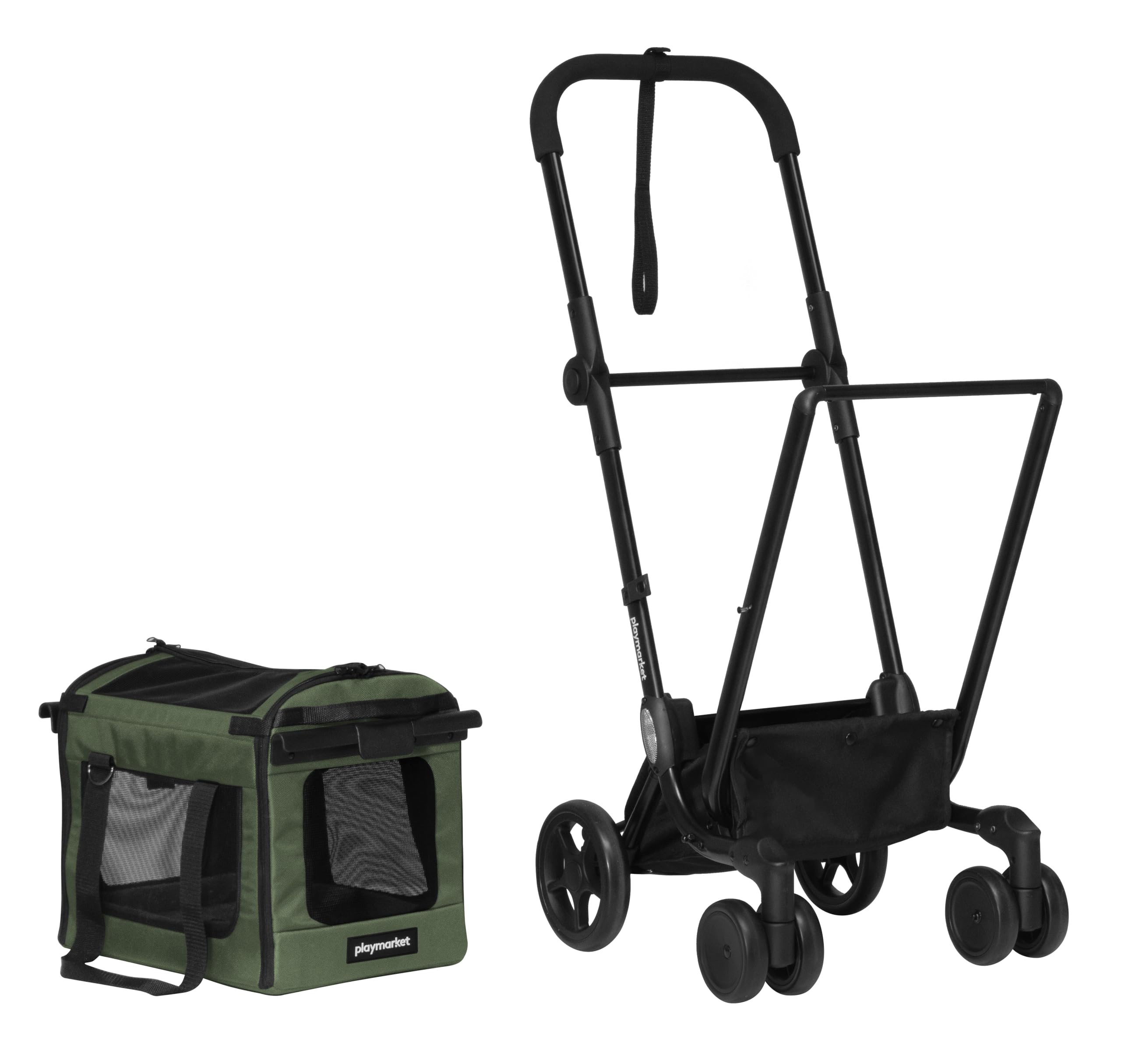 PLAYMARKET Easy go PETS Carrito para Perros 2 en 1, Bolsa de Transporte Plegable con Ventanas de Malla y Aperturas de Ventilación, Hasta 30 kg (mascota max. 6 Kg) - Color Olive (Oliva)