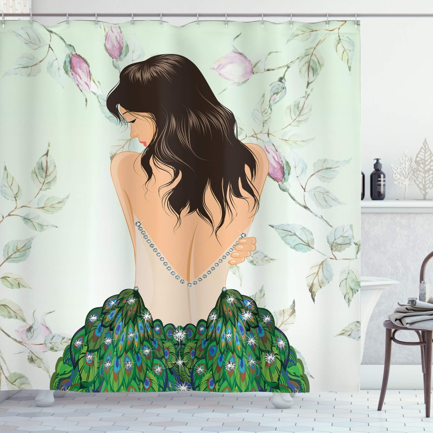 Ambesonne Anime Shower Curtain Peacock Décor, Fashion Girl in Rhinestones Roses Feathers Girly Models Fashionista, Polyester Fabric Bathroom Set with Hooks, 69" W x 70" L, Teal