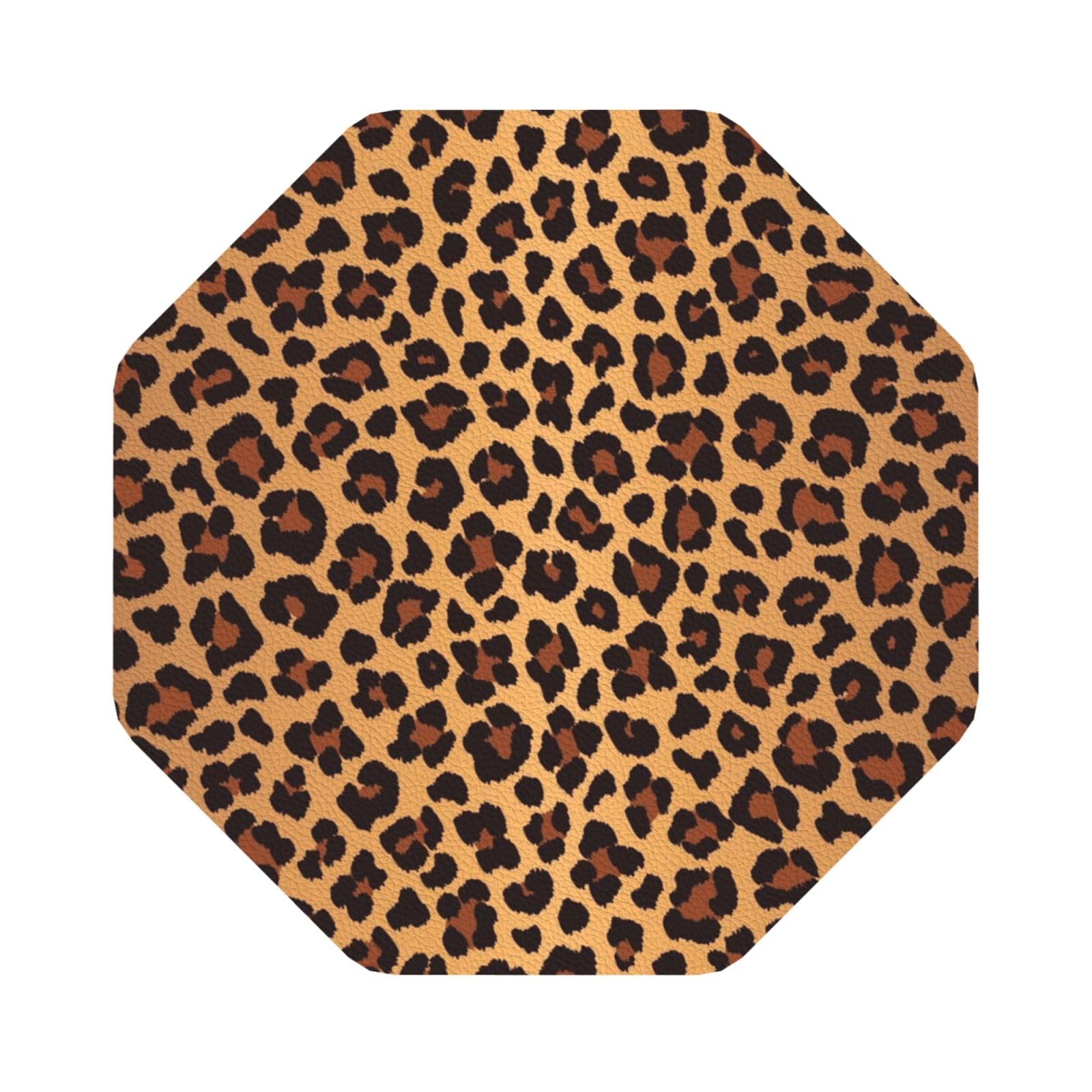 Leopard Pattern PU Leather Coasters Set of 6 Octagon Drink Coasters