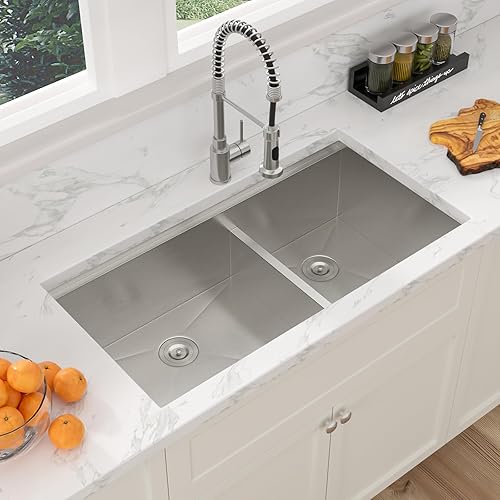 Vista 29 de Sarlai Fregadero doble de 33 piezas para empotrar - Fregadero de cocina de 33 x 19 pulgadas, acero inoxidable de calibre 16, esquina redonda, doble