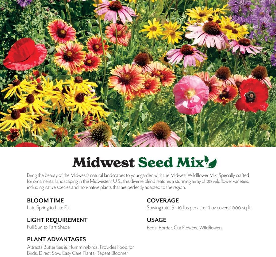Grow Your Own Vibrant Annual and Perennial Wildflower Garden Seeds Mixture, Varieties for Pollinators and Spring Gardens - Midwest Regional Mix, 50 lbs
