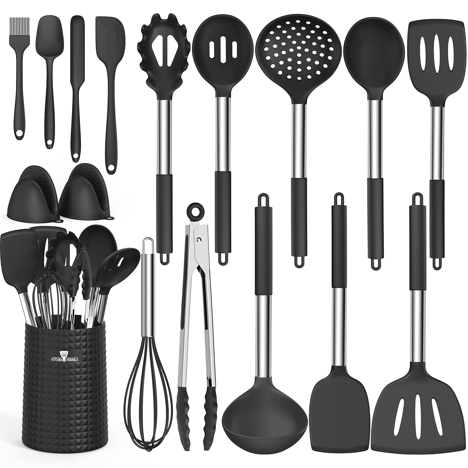 Fungun Silikon-Küchenutensilien mit Halter, 16-teilig, schwarz, Kochutensilien, Spatel-Set mit Edelstahl-Griff, hitzebeständig, BPA-frei, Küchenhelfer, Werkzeug, Geschenk, inklusive Spatel, Löffel