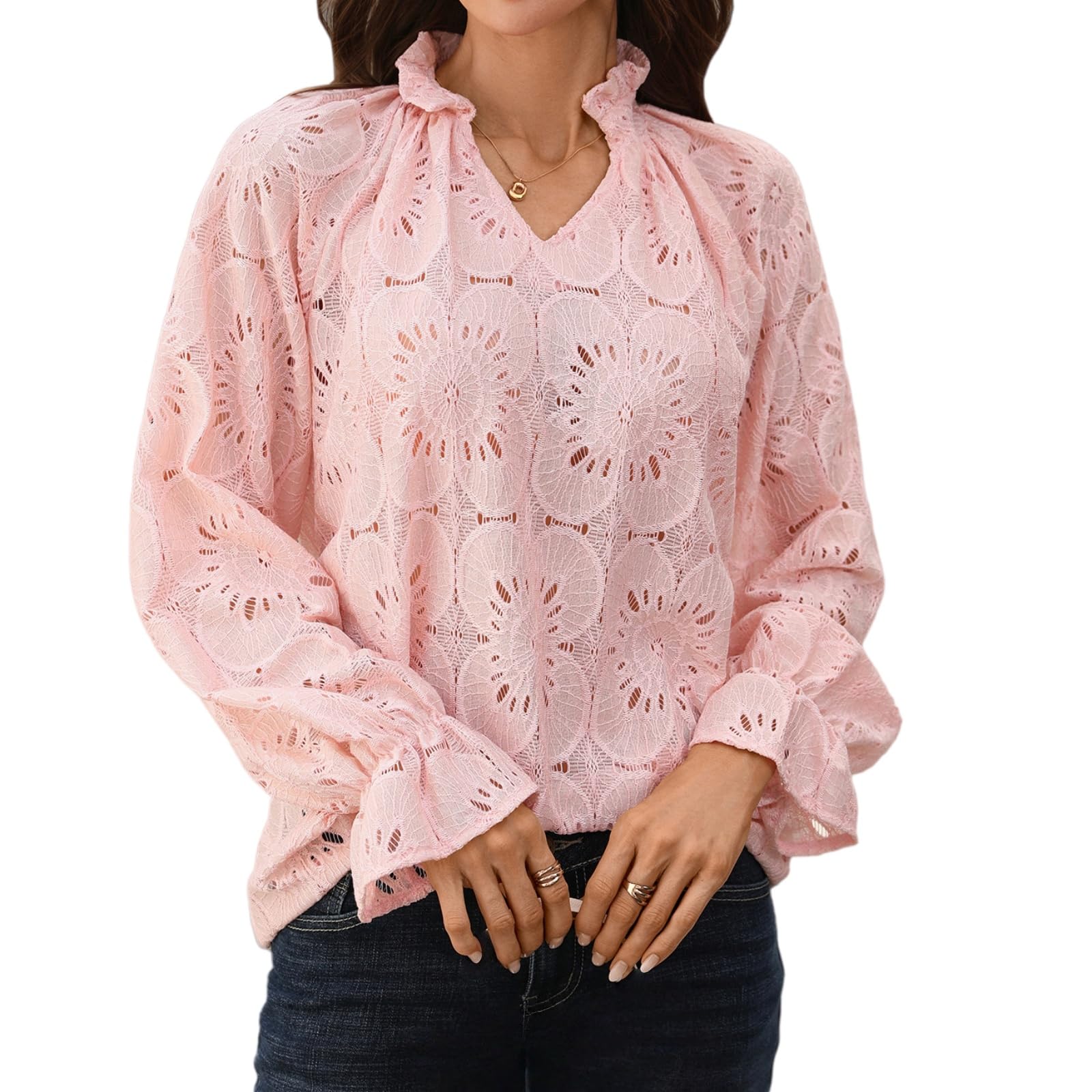 Camicia da Donna a Maniche Lunghe con Scollo a V e Lavorazione all'Uncinetto con Motivo Floreale Traforato