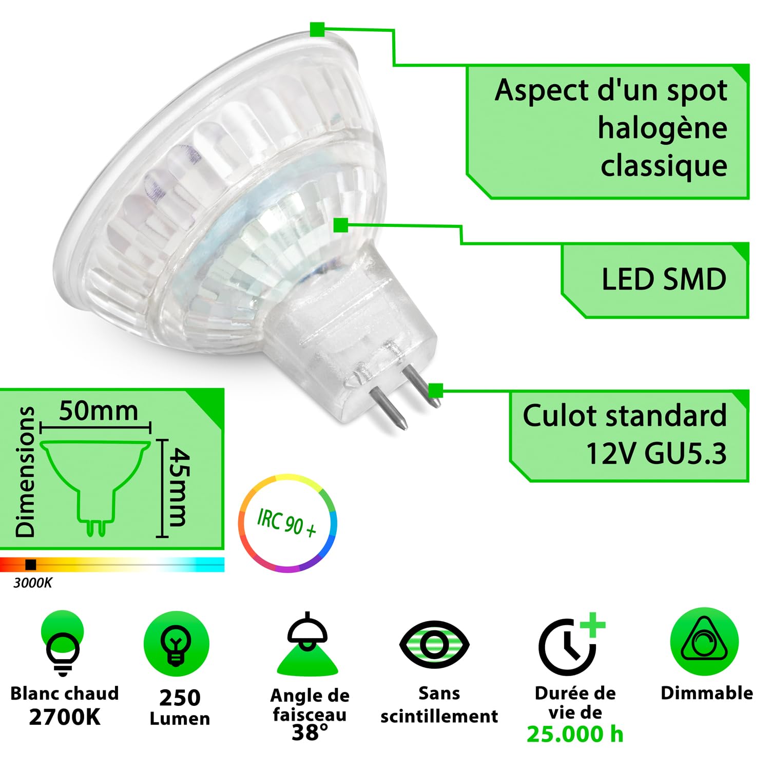 greenandco 10x MR16 GU5.3 | dimmable | remplace 45W | blanc chaud 3000K | IRC 90+ | 6,5W 510 lm | 38° | sans scintillement | Ampoule LED COB | 12V AC/DC