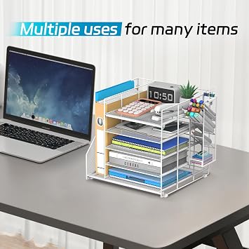 SUPEASY Desk Organiser with File Holder, 5-Tier Paper Letter Tray Organiser with Pen Holders, Large Desktop Storage for Office Supplies(white)