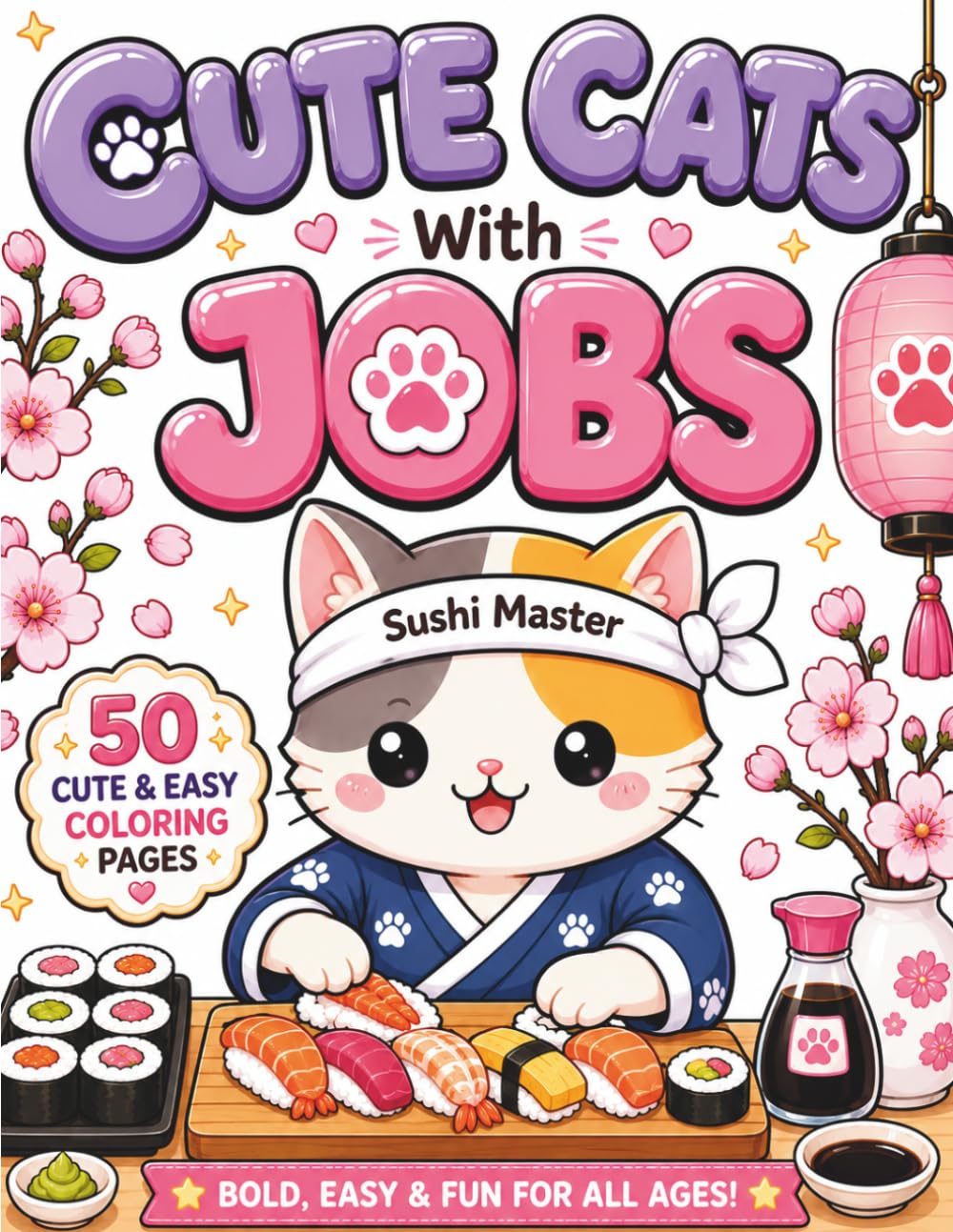 Cute Cats With Jobs: 50 Cute and Easy Coloring Pages for Relaxation and Stress Relief