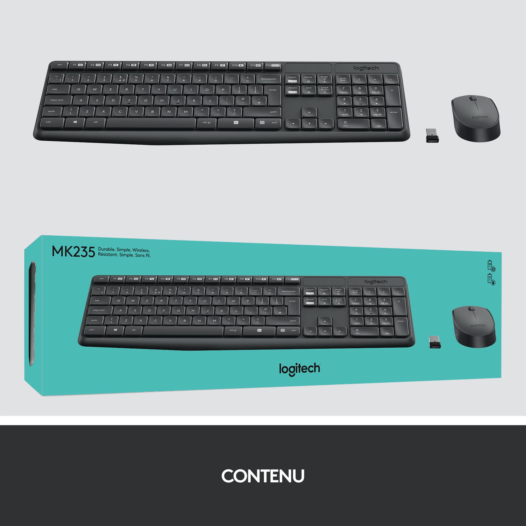 Logitech MK235 Combo Clavier Souris sans Fil 2,4 GHz Récepteur USB Unifying Gris foncé