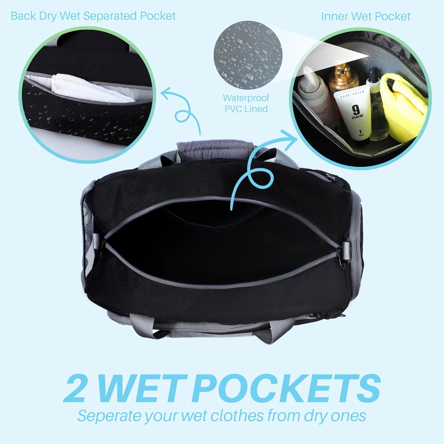 Pickleball Gym Bag for Women Men,Waterproof Small Sport Duffel Bag with Shoes Compartment and Wet Pocket for Travel Yoga Basketball Tennis,Black - Image 3