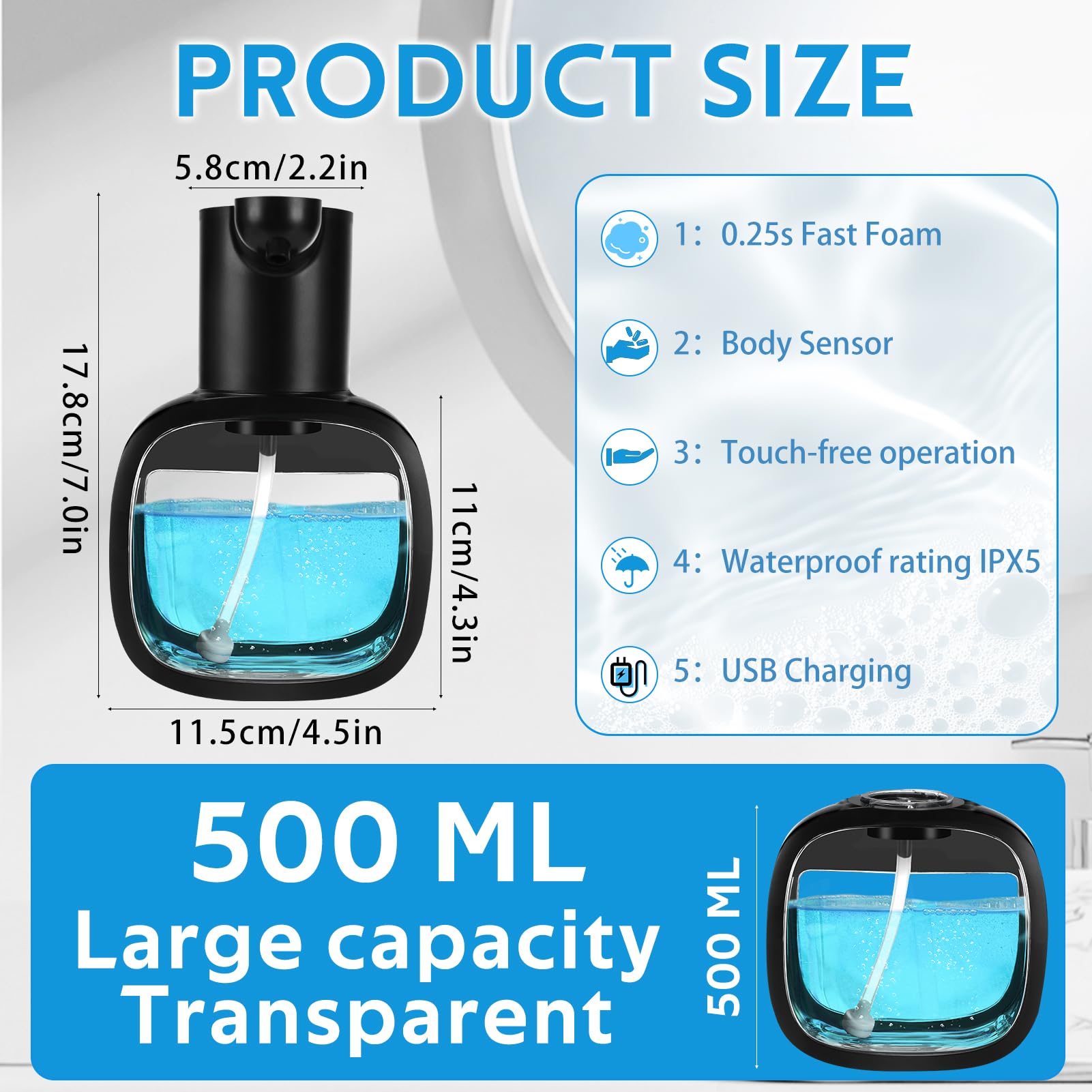 Dispenser Sapone Bagno Automatico, 500 ML Dispenser Sapone Cucina Elettrico Parete Schiuma, Erogatore di Sapone Elettrico con Sensore, 4 Livelli Regolabili Ricaricabile Via USB per Cucina Bagno