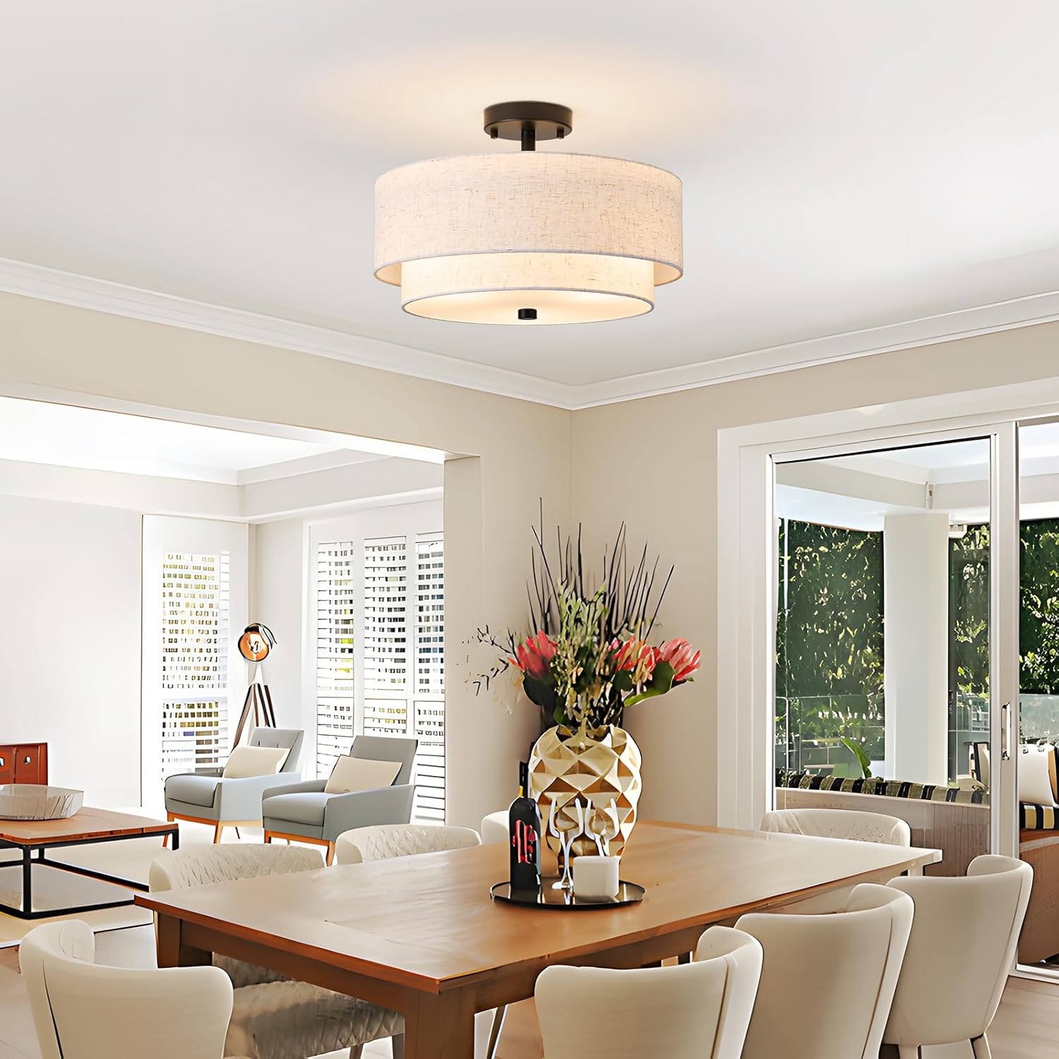 16" Semi Flush Mount Ceiling Light Fixture, Close to Ceiling Light Fixtures with Farmhouse Fabric Linen Shade, Double Drum Black Flush Mount Ceiling Light for Living Room Bedroom Dining Room Kitchen