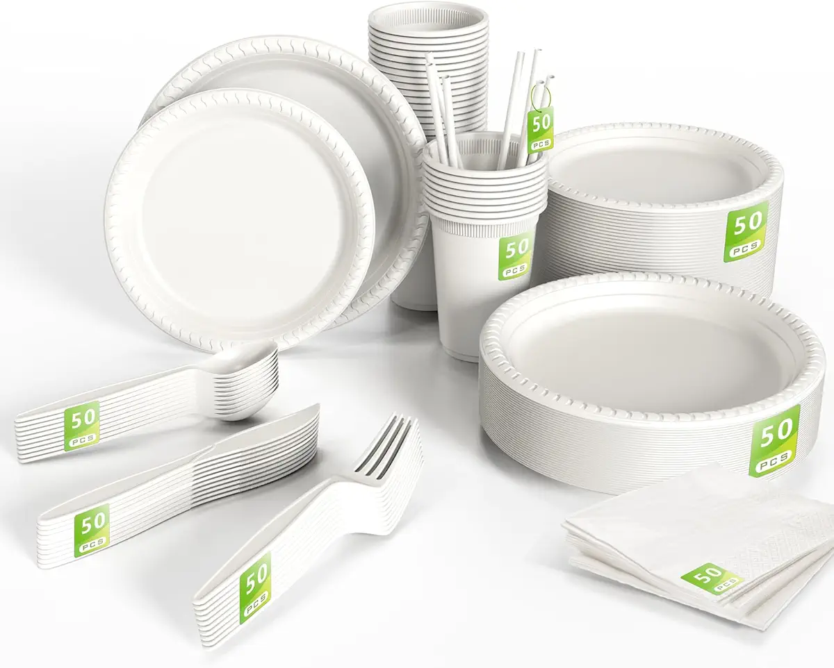 YONGZHUKANG Compostable Disposable Plates Set, 400pcs Compostable Plates and Utensils Disposable Dinnerware Set for Party, Natural Cornstarch Biodegradable Plates Cups Cutlery and Napkins Paper Straws