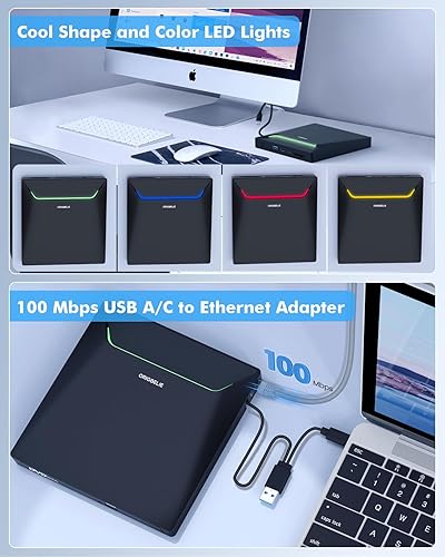 Miniatura 5 de Nueva unidad de CD/DVD externa, grabador de DVD fresco USB 3.0 con adaptador Ethernet, 3 puertos USB y 2 puertos TF/SD, lector/grabador de CD/DVD