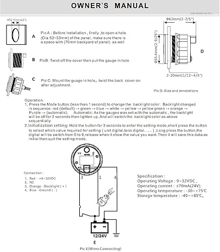 Miniatura 7 de 52mm(2") Hour Meter Gauge for Marine Boat Car Motorcycle Hour Gauge Timer Gauge 9-32V IP68 Waterproof 7 Color Backlight