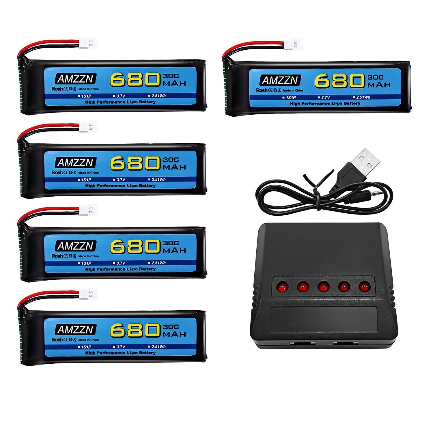 AMZZN 5PCS 3.7V 680mAh 1S Lipo Battery with Molex Plug and 5-in-1 Charger for Wltoys XK K110 K110S V977 V988 V930 Q282 RC Drone, Four Axis Aircraft Battery Accessories (5PCS Battery+5-in-1 Charger)