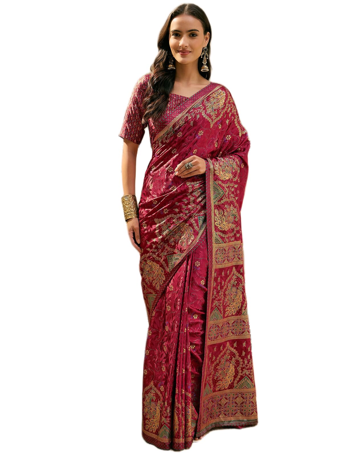 siril Women's Crepe Silk Jacquard Minakari Foil Printed Saree with Unstitched Blouse Piece-picture-42