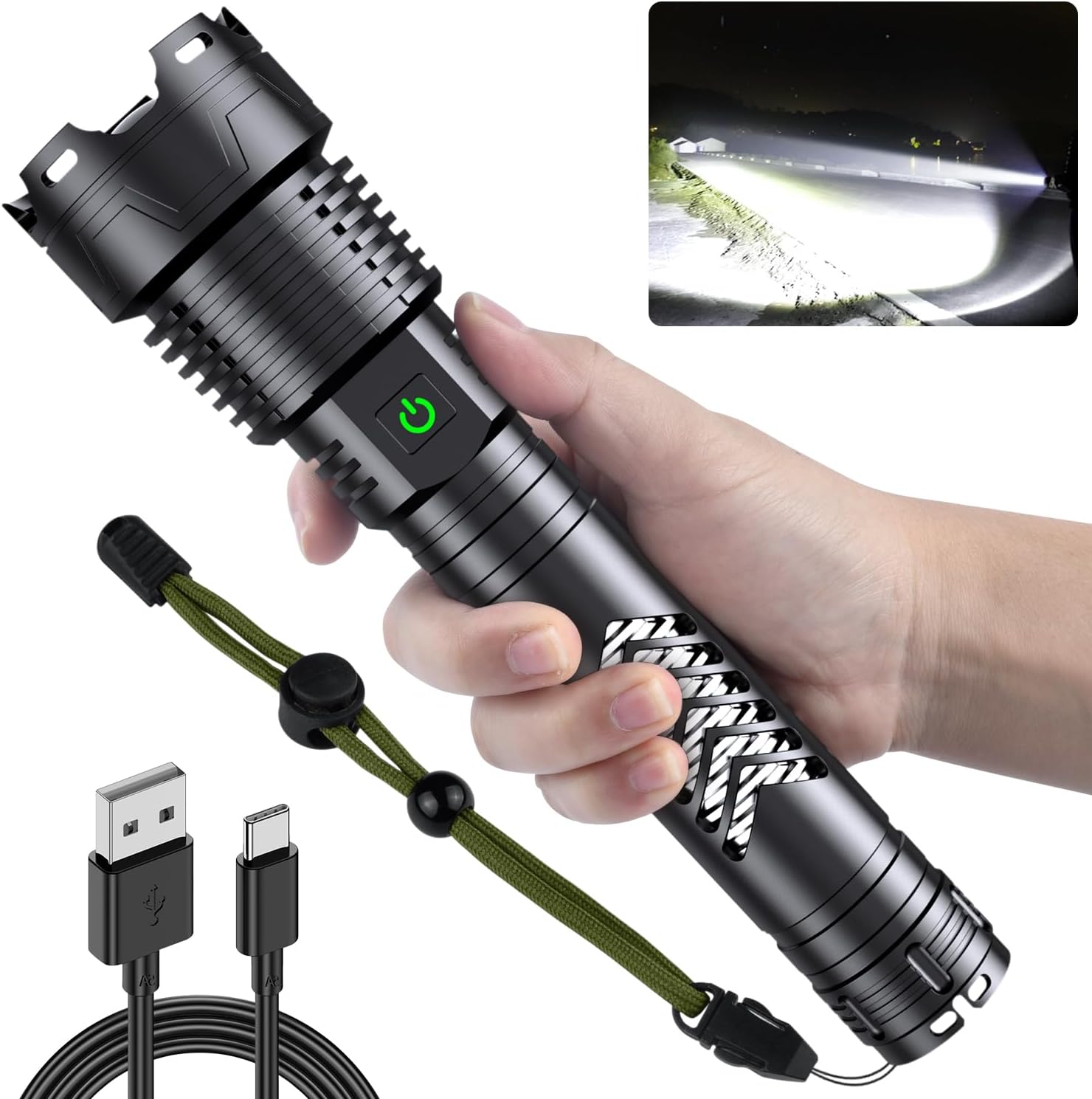 Rechargeable Flashlights High Lumens, 350000LM Super Bright LED Flashlight, Tactical Powerful Brightest Flashlights, Waterproof Handheld Zoomable Flashlight 5 Modes for Emergencies Camping