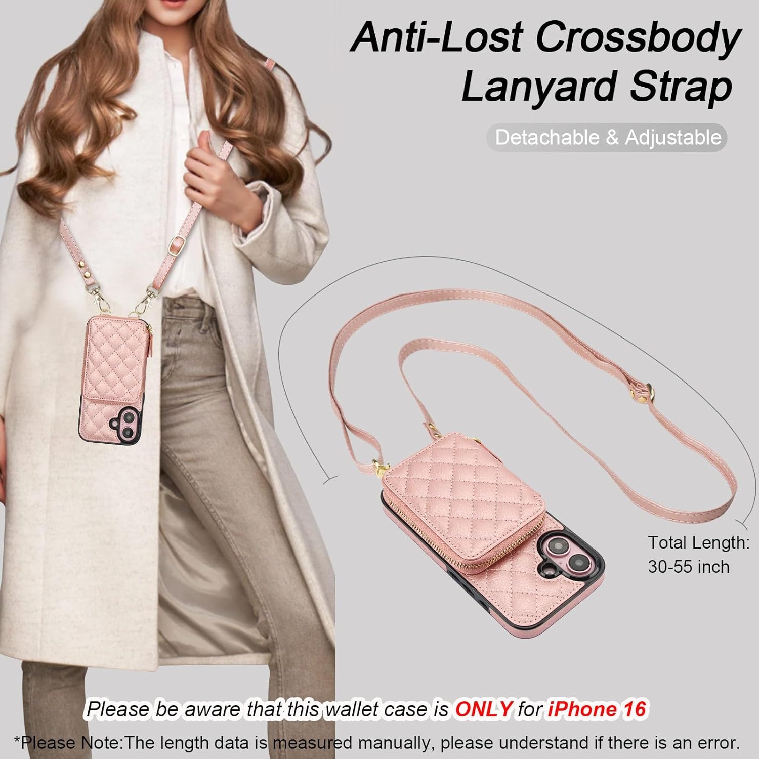 Bocasal Crossbody Wallet Case for iPhone 16, RFID Blocking PU Leather Zipper Handbag Purse Flip Cover, Kickstand Folio Case with Card Slots Holder Wrist Strap Lanyard 5G 6.1 Inch (Rose Gold) - Image 5