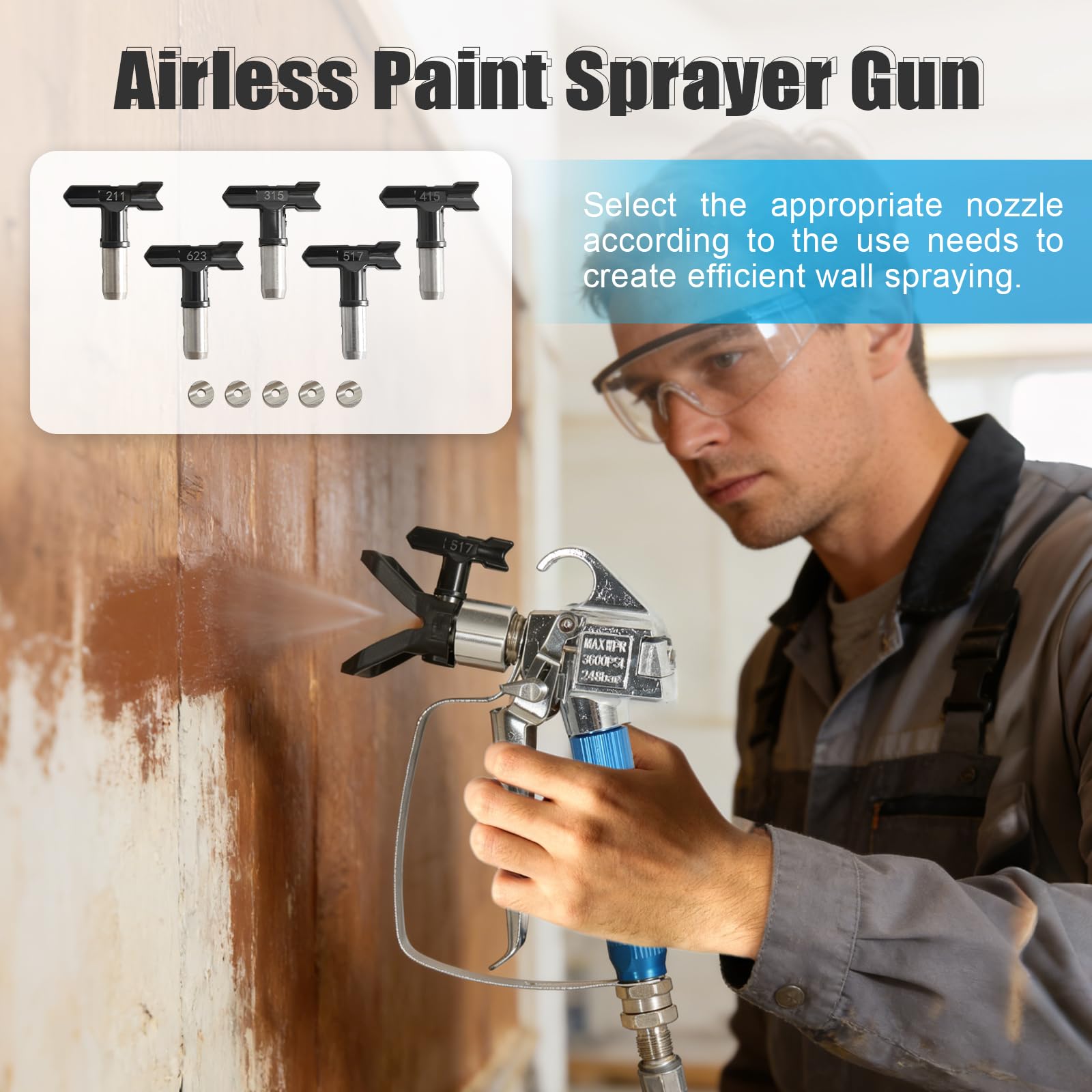 12 pezzi Kit pistola per verniciare, Pistola a spruzzo airless 3600PSI, 5 Ugello(211、517、315、623、415), 5 filtri, 1 ugello seggiolino
