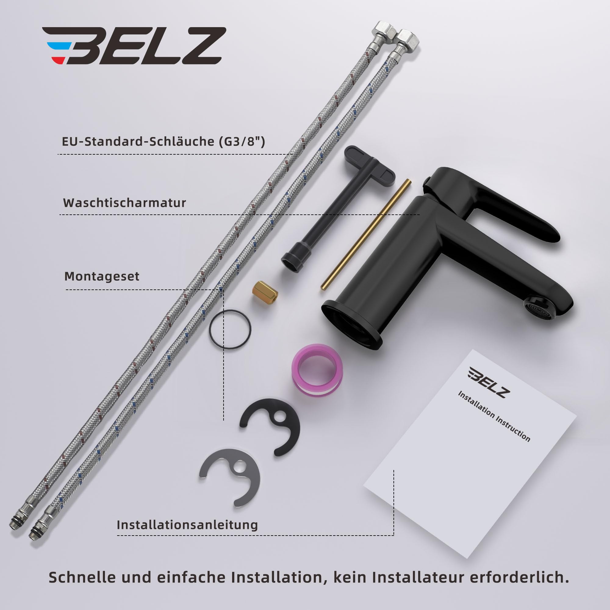 BELZ Schwarz Wasserhahn Bad,Einhebel Waschtischarmatur 85mm | Einfache G3/8 Einlochmontage,Inklusive flexibler Schläuche.Leise,Messing,Rostfrei, pflegeleicht & dicht
