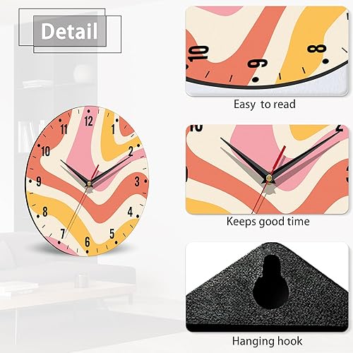 Miniatura 4 de SPUNKER Reloj para dormitorio, reloj de pared de olas coloridas que funciona con pilas, 10 pulgadas, reloj redondo retro de los años 70, silencioso,