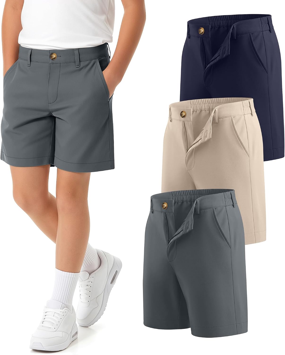 3 Pack Boys Golf Shorts Chino Back Elastic Waist Flat Front Twill School Uniform Shorts with Pockets for Kids