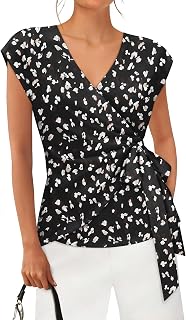 siliteelon Womens Wrap Blouse Dressy Casual V Neck Cap Sleeve Ruched Tops | Business Work Office,Simling Fit,Summer Trending Soft,Lightweight,Home,Holiday Vacation Travel,With Cardigan&Blazer For Fall