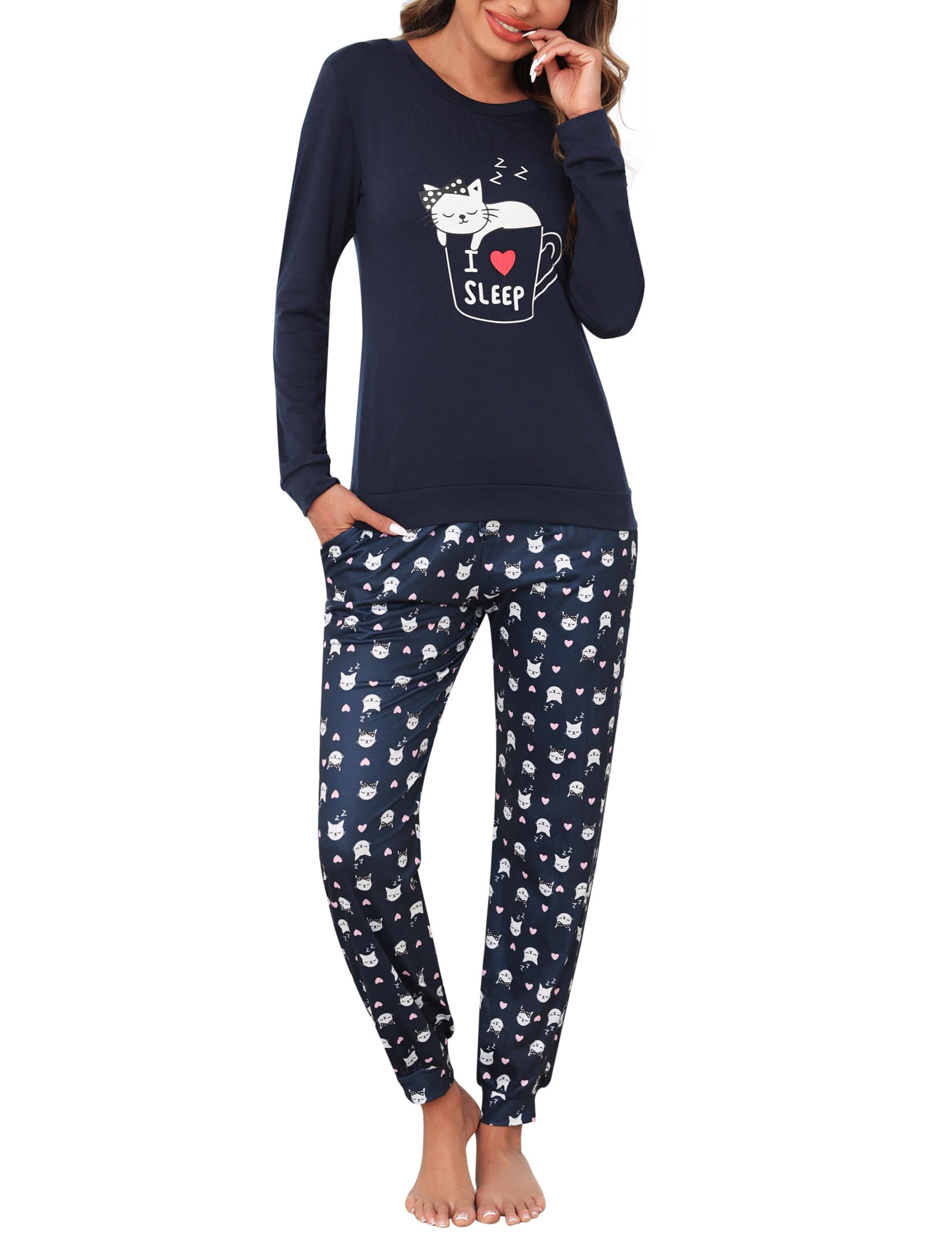 Women's Pyjamas Set Long Sleeve Cotton Cute Snowflake Ladies Pjs Nightwear with Pockets