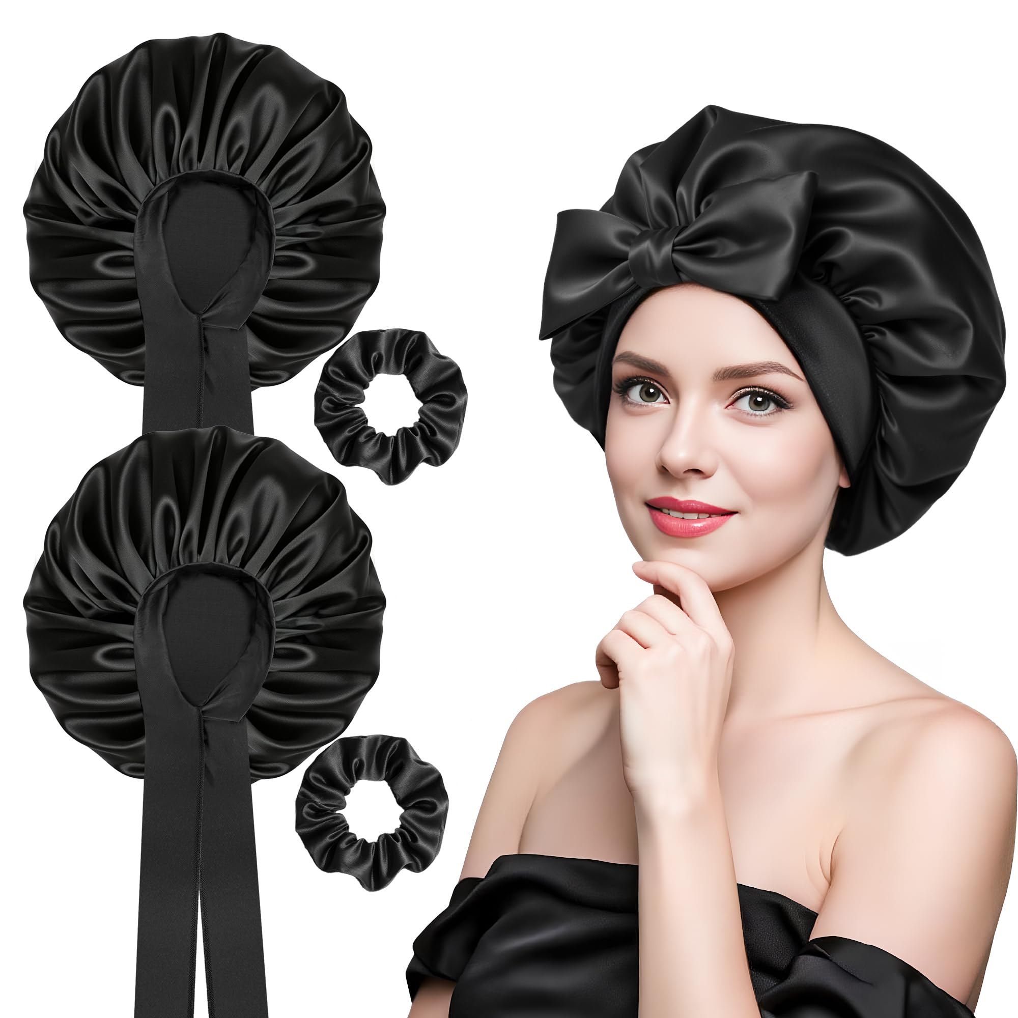 Seidenhaube zum Schlafen, Satin Haarhaube für Damen, Schwarze große Lockenhaube zum Schlafen, 42 cm Duschhaube für Haarpflege, Bonnet Seide mit weichem Gummizug (3)