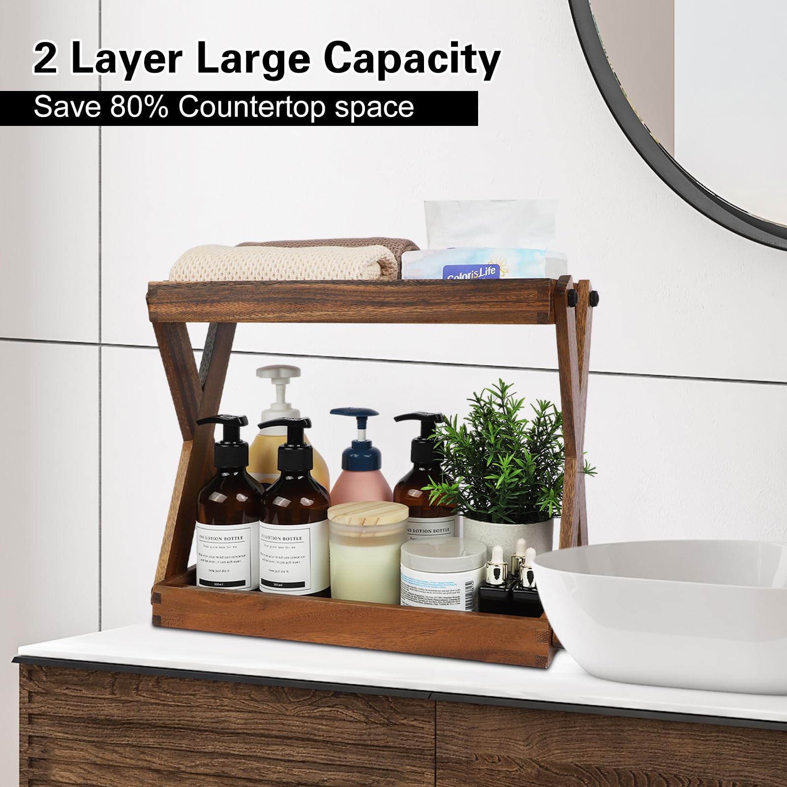 Organizador de madera para encimera, estante de madera de 2 niveles para accesorios de barra de café, organizador de especias de cocina, organizador de almacenamiento de condimentos para el