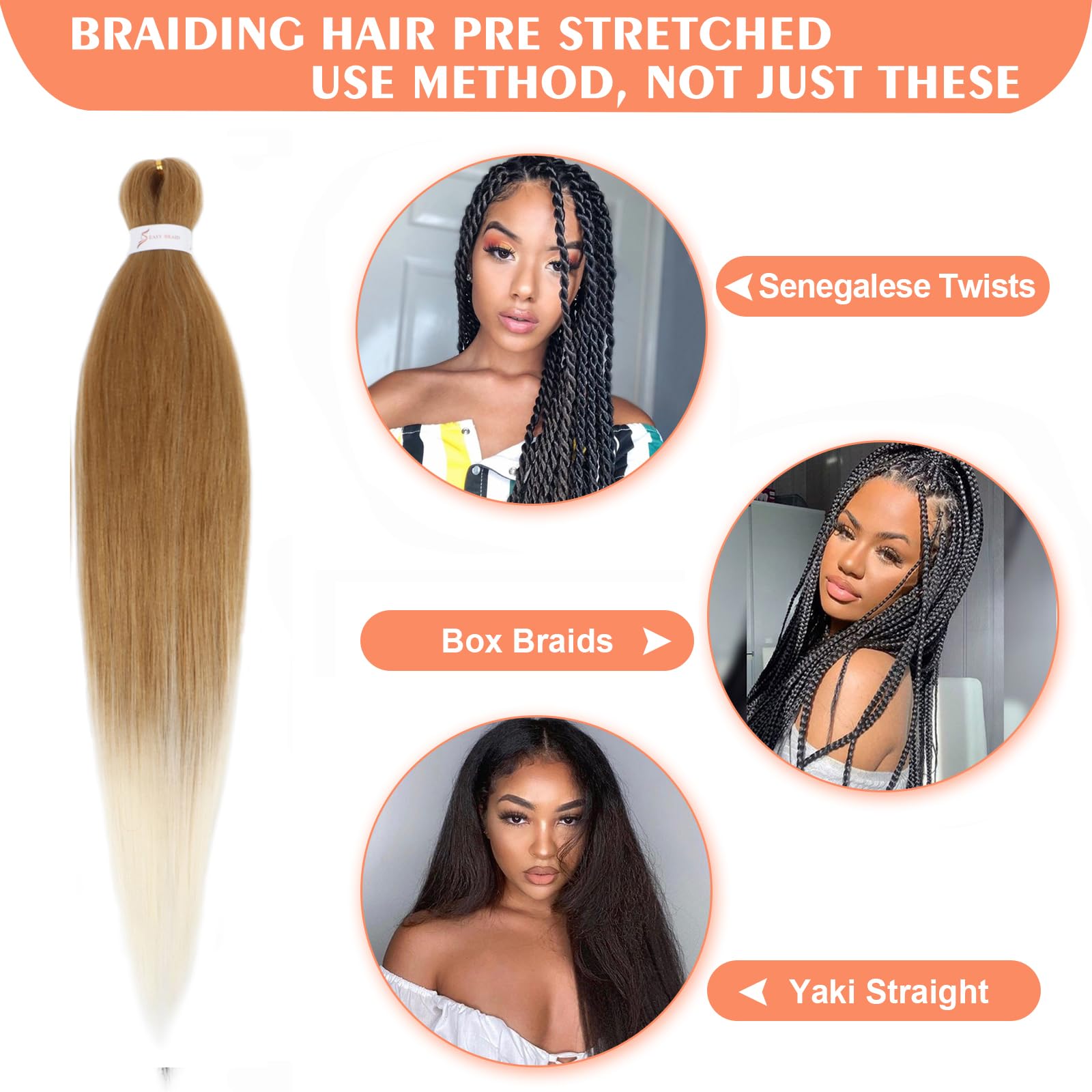 Pelo trenzado preestirado de 24 pulgadas, 3 paquetes, cabello estirado para extensiones de cabello trenzado profesional, ajuste de agua caliente, cabello sintético con textura Yaki (27/613#)