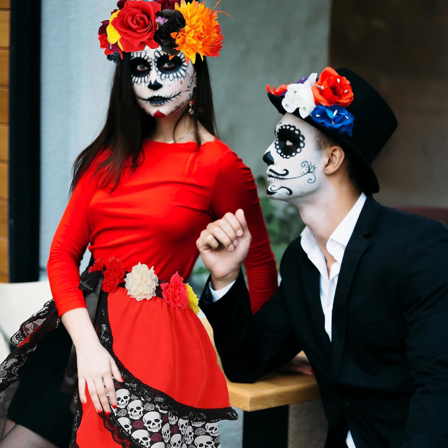 Jeyiour 2 Pcs Day of the Dead Bustle and Headband Set, Multicolor Skull Tie on Bustle Skirt Mexican Rose Flower Crown Headpiece Woman's Day of the Dead Costume for Women Adults