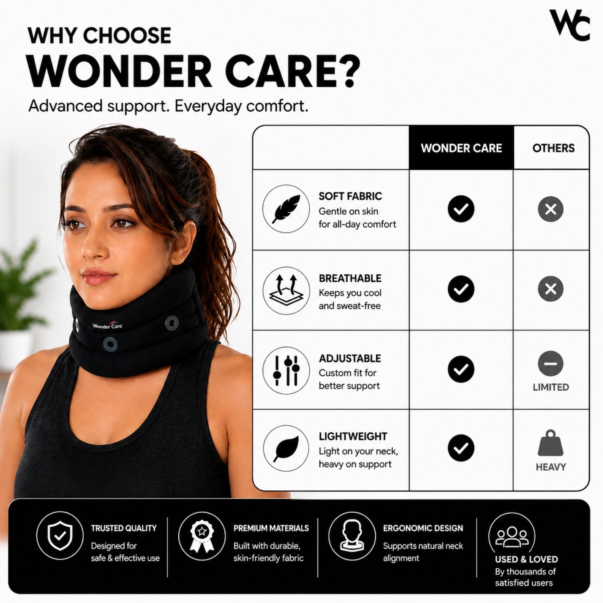 Wonder Care Halskrause zum Schlafen, verstellbare Halskrause, Nackenstütze, weiche Halskrause gegen Nackenschmerzen und zur Unterstützung für Frauen und Männer - schwarz_XXL