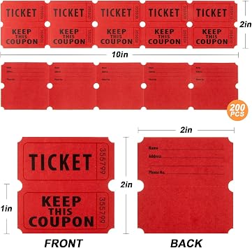 MAQIHAN Red Raffle Tickets Roll - 50/50 Double Raffle Tickets for Event