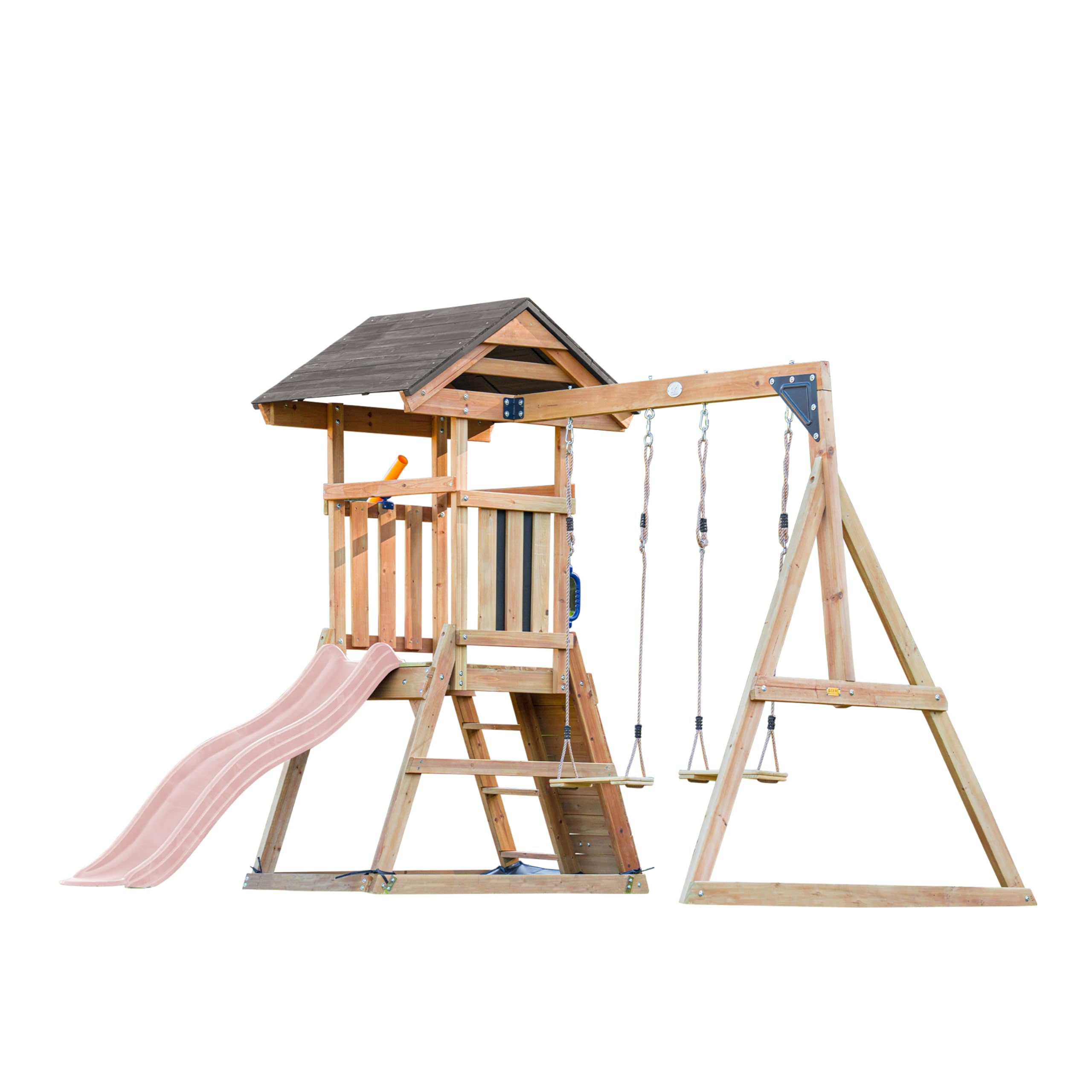 AXI Mia Casetta per bambini in legno con 2 altalene, scivolo Rosa pastello/Parco giochi all'aperto, recinto per la sabbia, parete per arrampicarsi | Portico altalena/Giochi in legno all'aperto