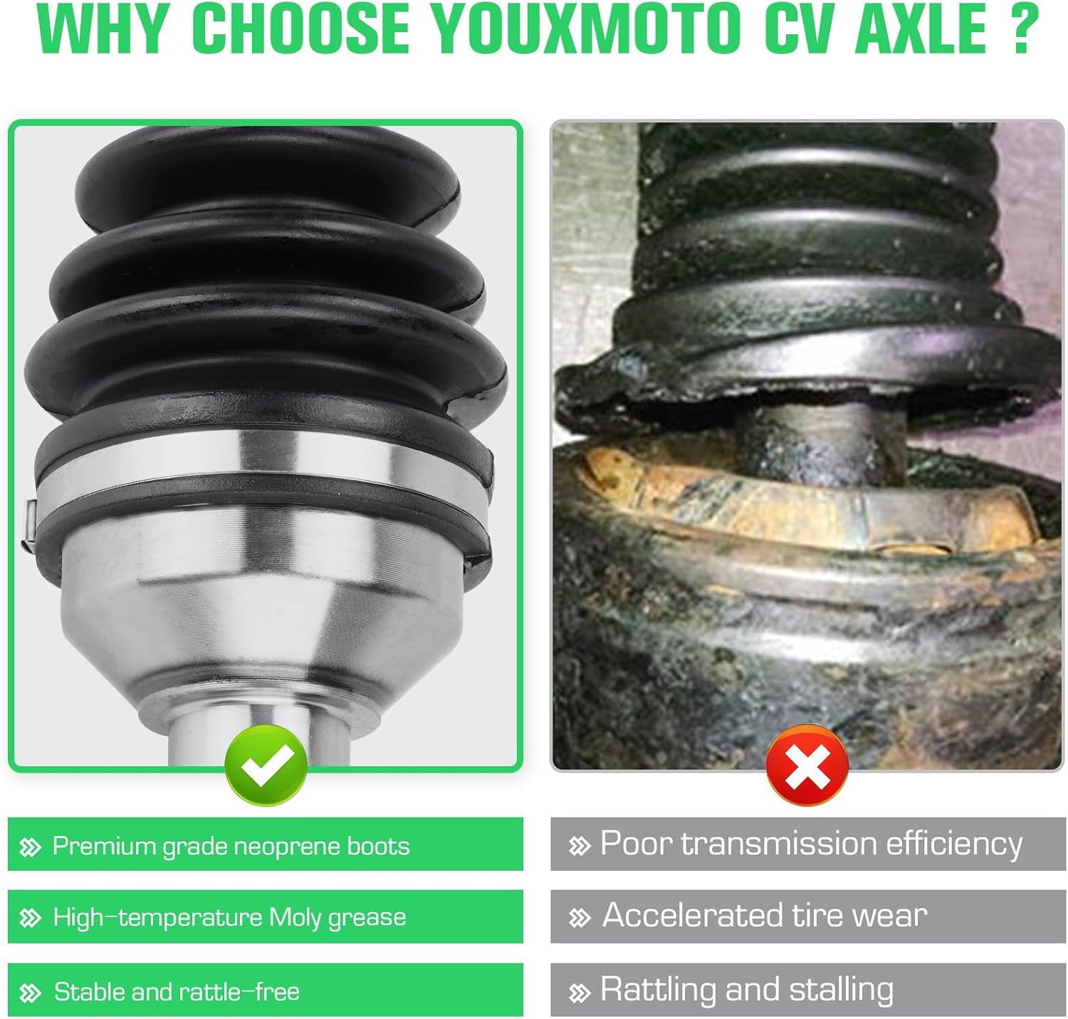 Youxmoto Front CV Axle Fit for Arctic CAT 4x4 400 450 500 650 700 2006 2007 2008, 2009-2014, 4340 Chromoly Steel Drive Half Shaft, for 0502-812 1502-344 0502-813 1502-345 (2*Front Left/Right Axles)