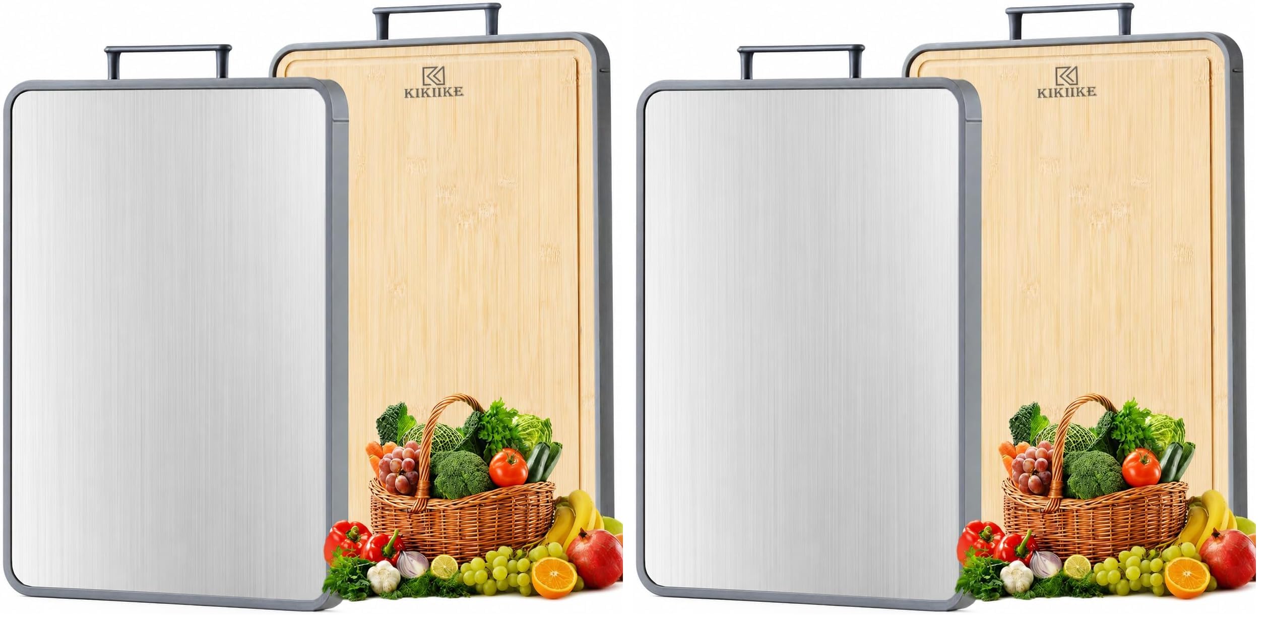 Tabla de cortar de titanio de doble cara en bambú para cocina Tabla de cortar de doble cara para uso alimentario, titanio puro y bambú, antiadherente, duradera y fácil de limpiar (Paquete de 2)