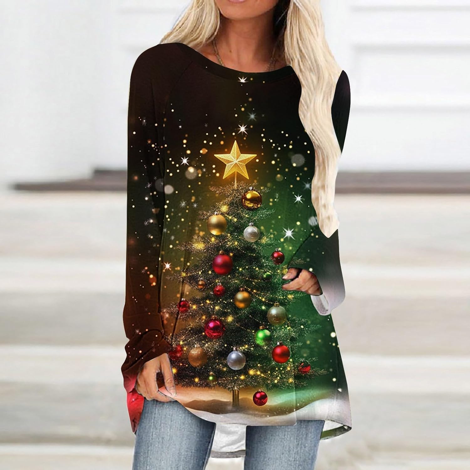 Women's Long Sleeve Tunic Tops Christmas Shirts to Wear with Leggings Loose Fit Dressy Crew Neck Blouse - Image 2