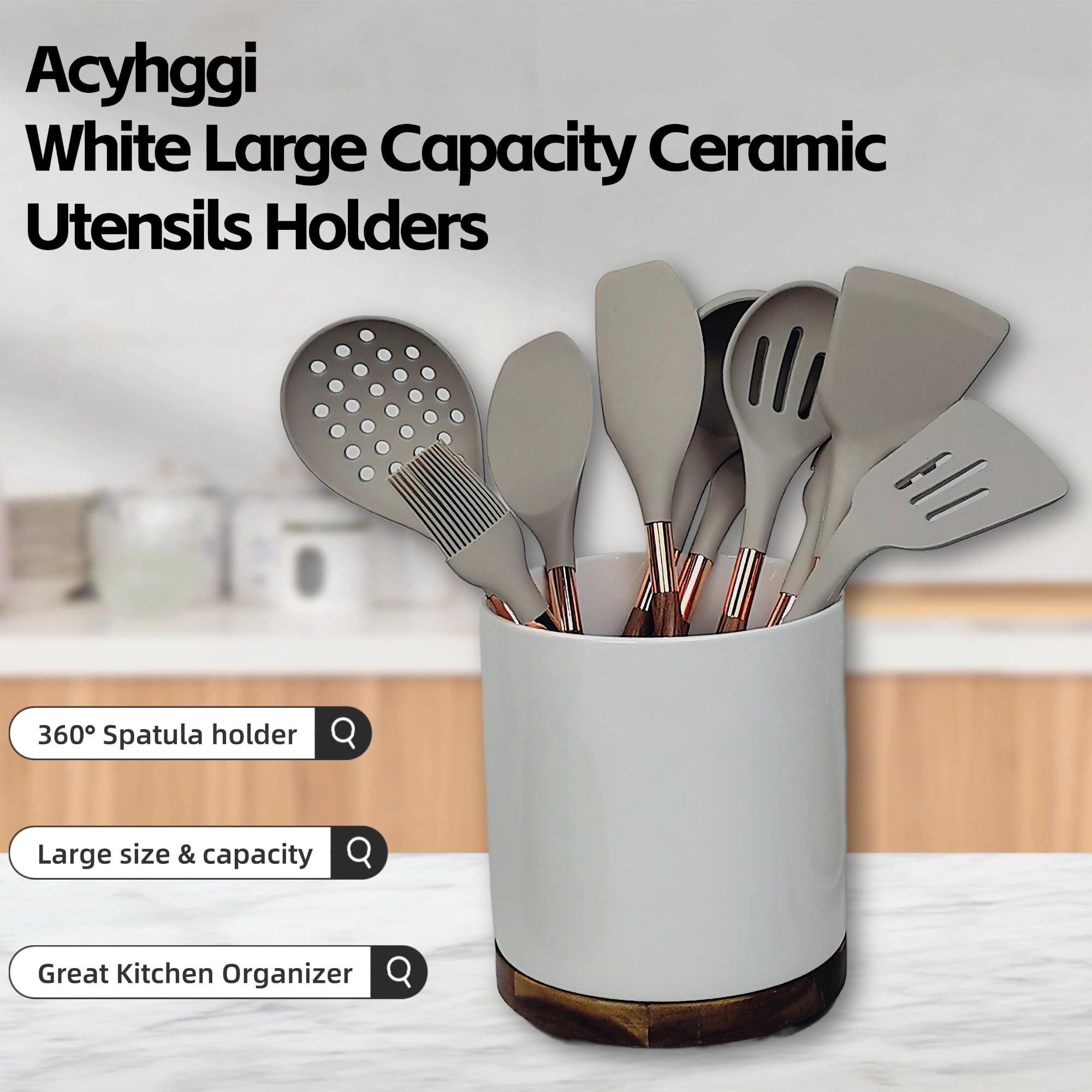 Soporte para utensilios de cocina de cerámica de gran capacidad, de madera de acacia, base giratoria, organizador multiusos