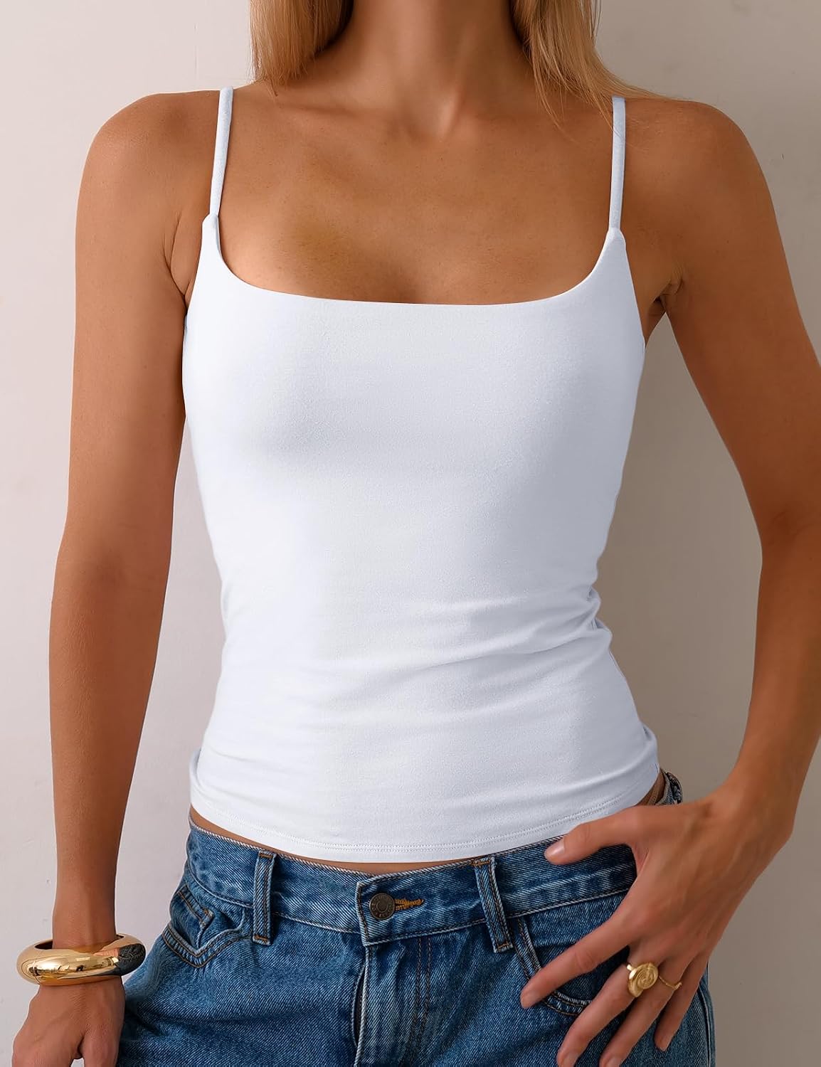 Women Cotton Cami Tops Built-in Shelf Bra Unpadded Square Neck Crop Tank Top Fitted Basic Camisole Going Out Tees image 3