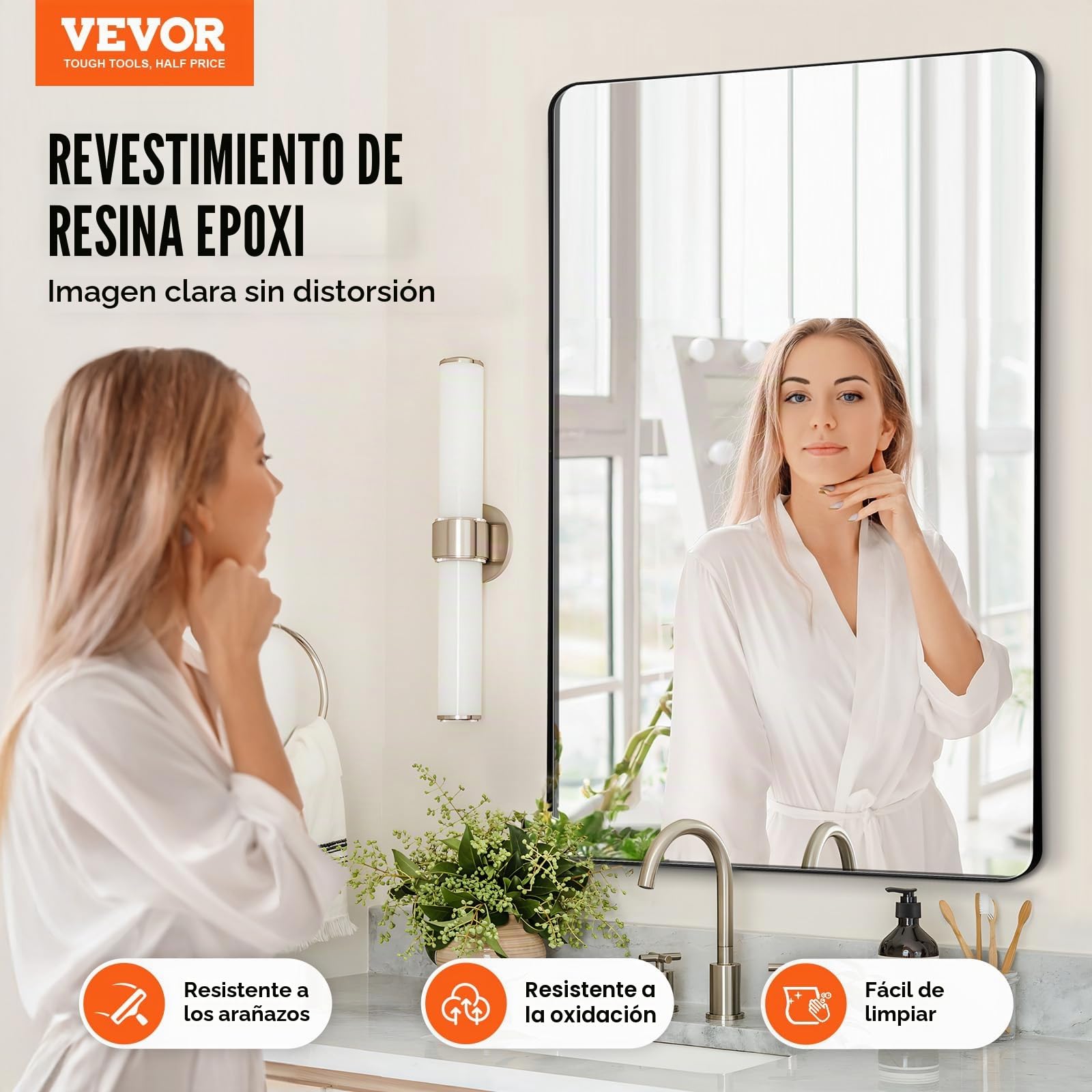 VEVOR Espejo de Pared Espejo de Maquillaje Espejo de Baño 915 x 610 x 25 mm Espejo Rectangular Marco de Aleación de Aluminio Negro con Soporte en Forma de Z para Baño Dormitorio Sala de Estar