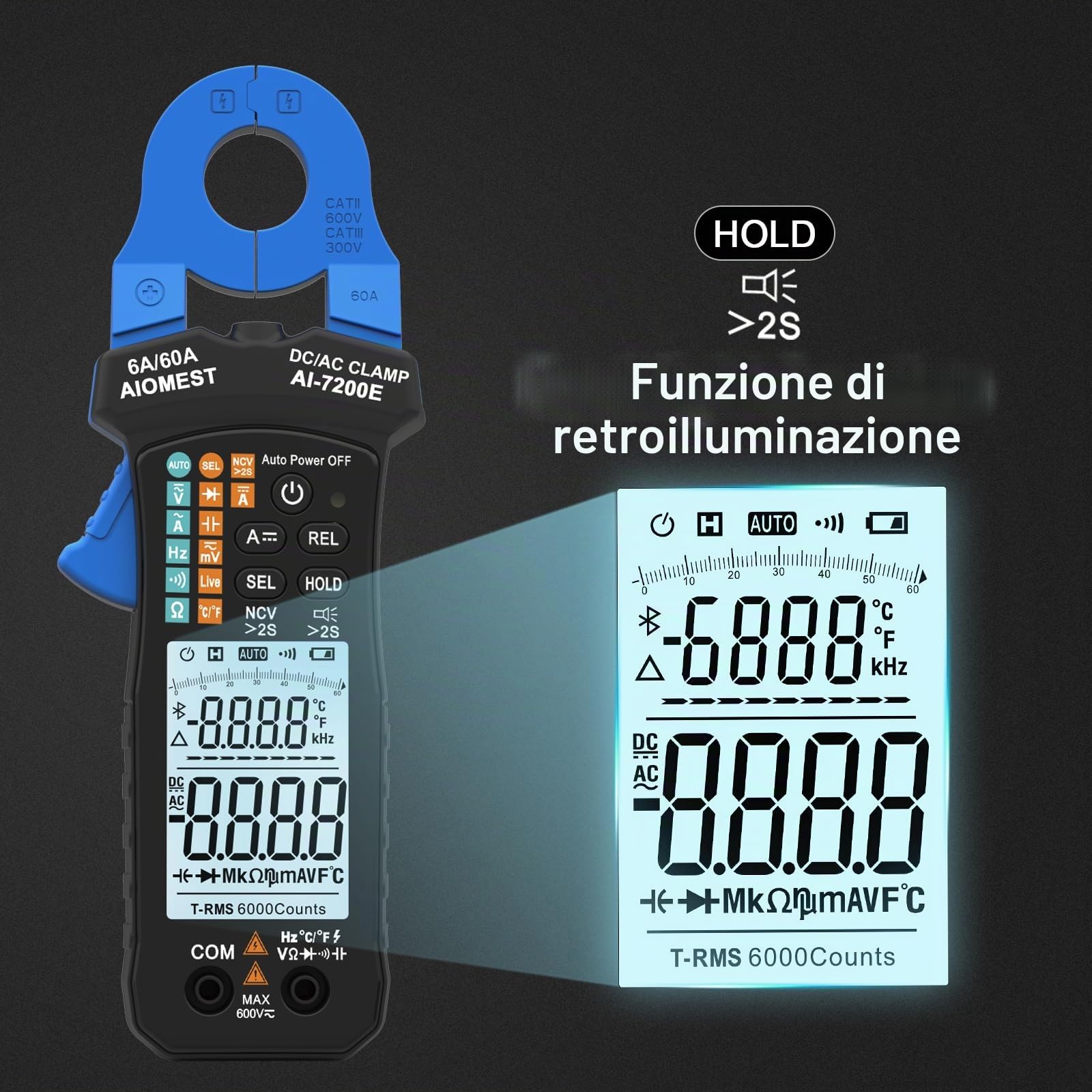 AIOMEST Multimetro Digitale Tester Portatile, 6000 Conta RMS Reali Multimetro a Pinza, Corrente e Tensione AC DC, Autoranging, NCV, Resistenza, Diodo, Test di Continuità, Capacità, AI-7200E