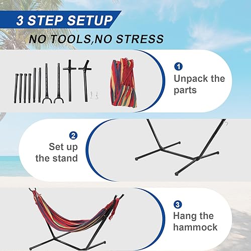 Miniatura 6 de Hamaca con soporte para exterior, soporte de metal estable que ahorra espacio para 2 personas, capacidad de peso de 600 libras, hamaca con bolsa de