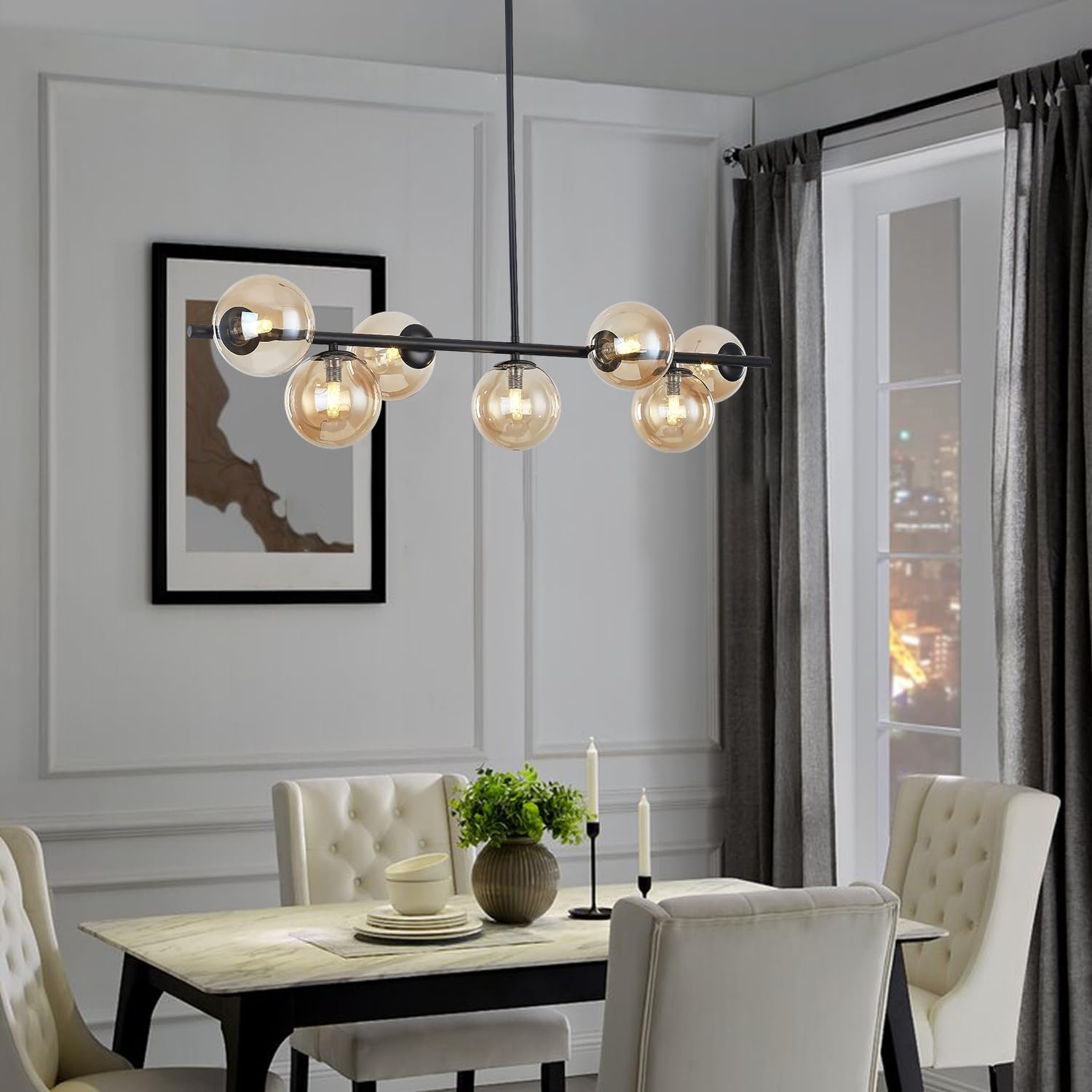Mid Century Modern Linear Chandelier, 7-Light Black Pendant Light with Amber Glass Globes, Adjustable Kitchen Island Lighting for Dining Room Over Table, Living Room, Entryway & Bedroom