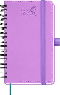 BEZEND Agenda 2026 Pequena vista de bolso 9 x 15,5 cm, agenda semanal A6 em espiral, 12 meses de Jan a Dec 2026, tampa branca em couro PU, lavanda The Forest Stewardship Council