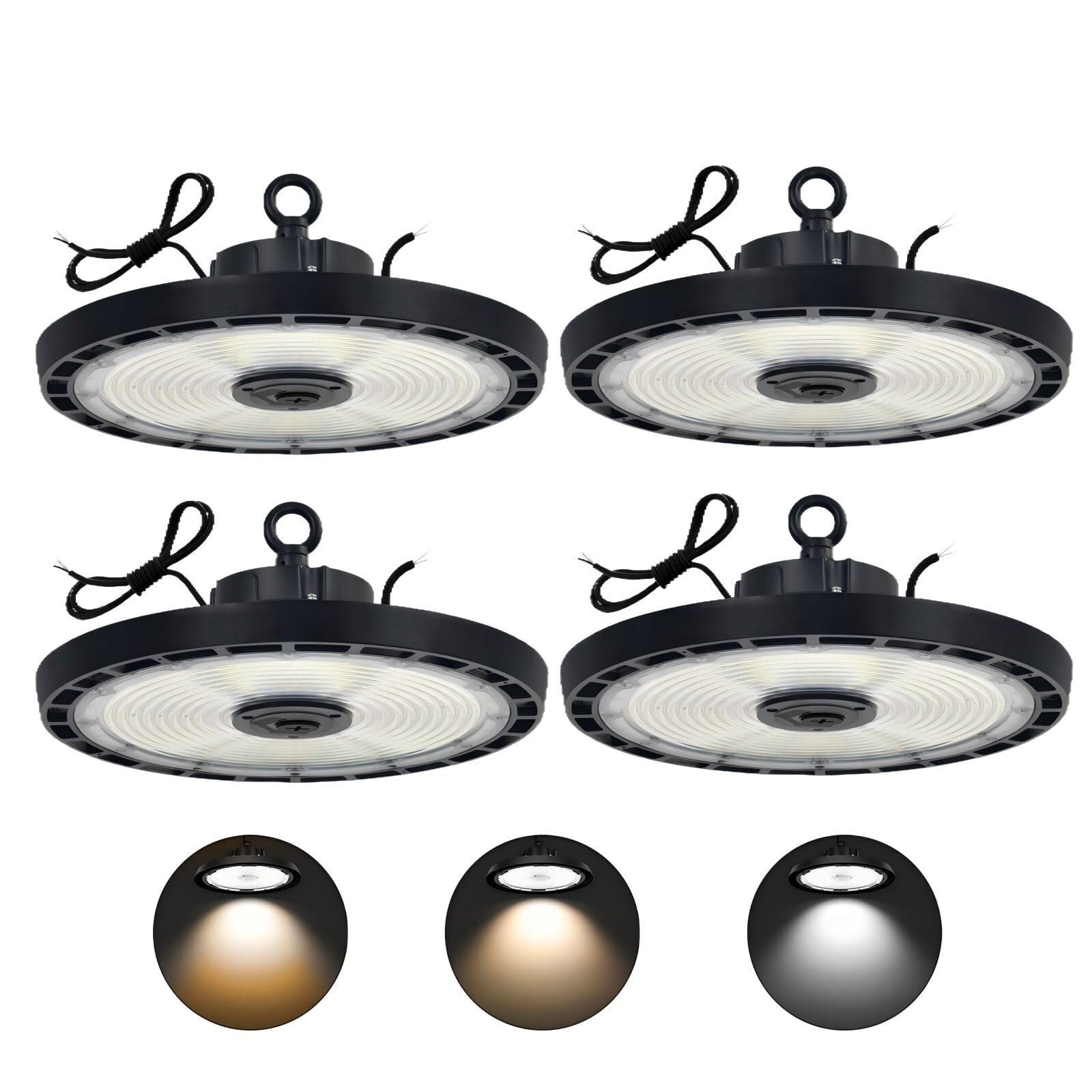 Oświetlenie UFO LED High Bay – 36000 lm, 0-10 V, ściemnialne, IP65, DLC Premium ETL, zestaw 4 sztuk z kablem 5 stóp, do garażu, stodoły, siłowni(80/100/150W UFO,6PACK)